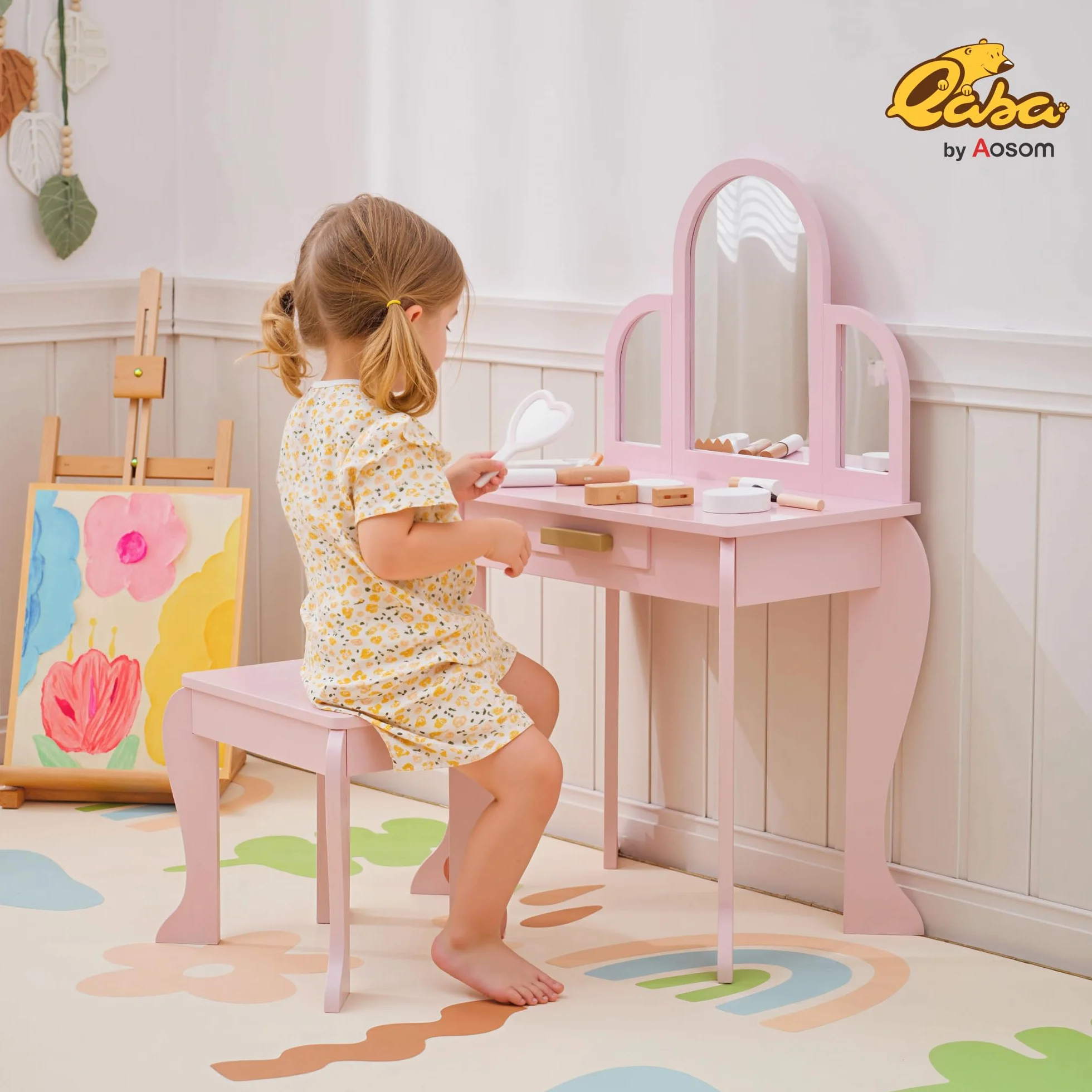 HOMCOM Tavolo per Trucco per Bambine 3-6 Anni con Sgabello, Cassetti e Specchio Coordinato in Acrilico, in MDF e Legno di Pino, Rosa