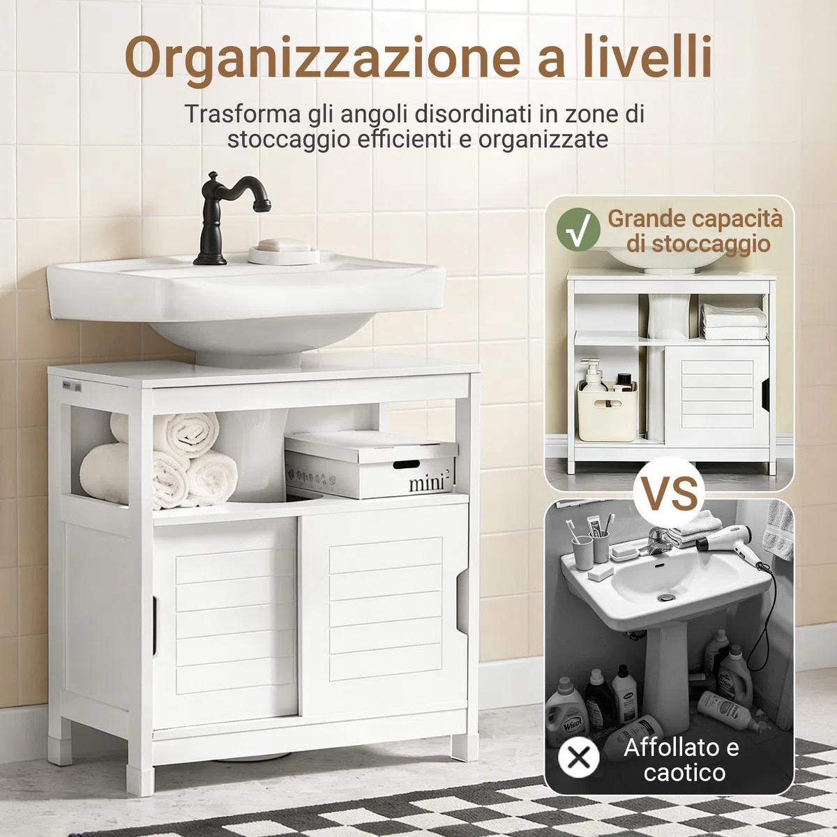 SoBuy Mobiletto Bagno Salvaspazio - Armadio Salvaspazio 2 Ante Scorrevoli e Ripiano Aperto - Mobile Sottolavabo per Bagno Moderno Piccolo – Bianco, 60x30x60cm, FRG128-II-W