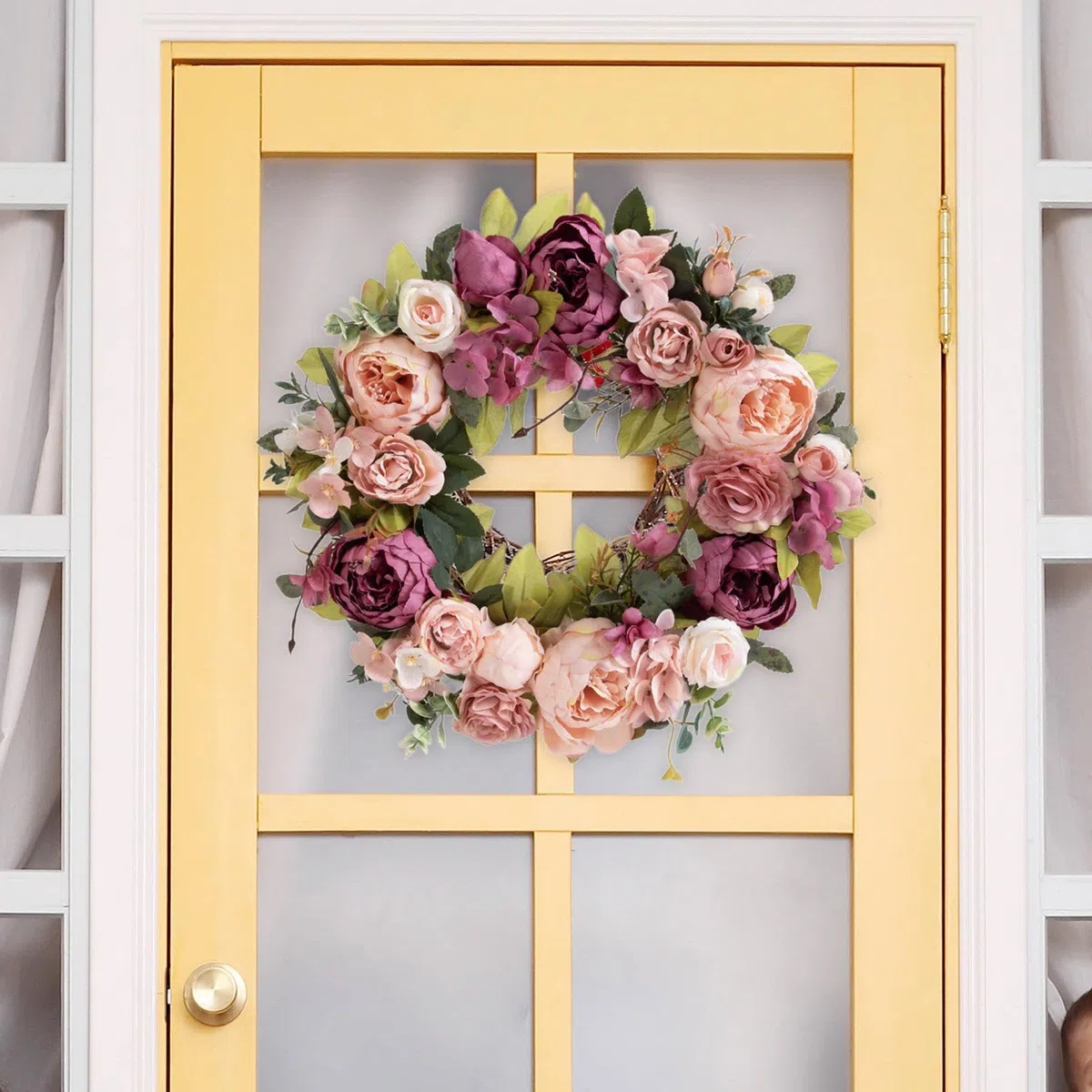 Milageto Ghirlanda primaverile per porta d'ingresso, fiori di artificiali, ghirlanda da 40 cm per matrimonio, finestra, soggiorno, Capodanno, Pasta di Fagioli Viola