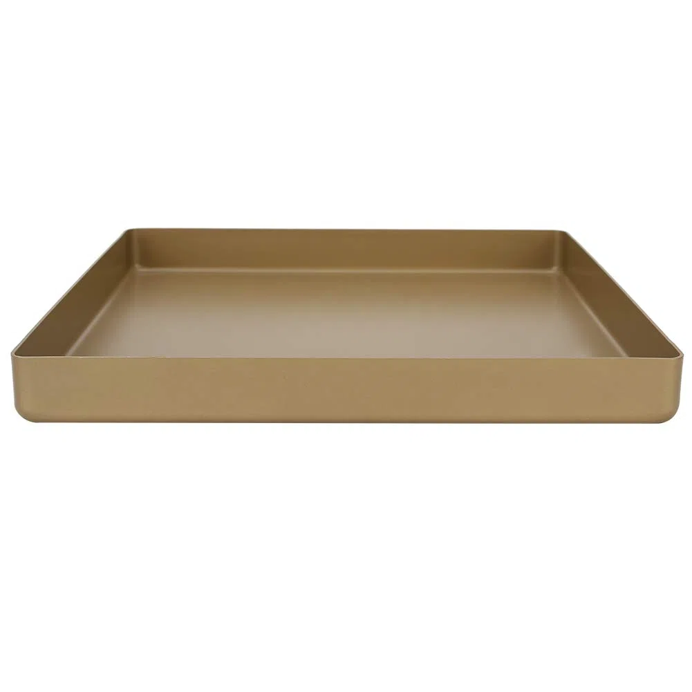 Foglio da forno, teglia da forno con rivestimento antiaderente, 28 x 28 x 3 cm, in lega di alluminio dorato, forma quadrata, antiaderente, teglia per pane, pizza e pasticcini