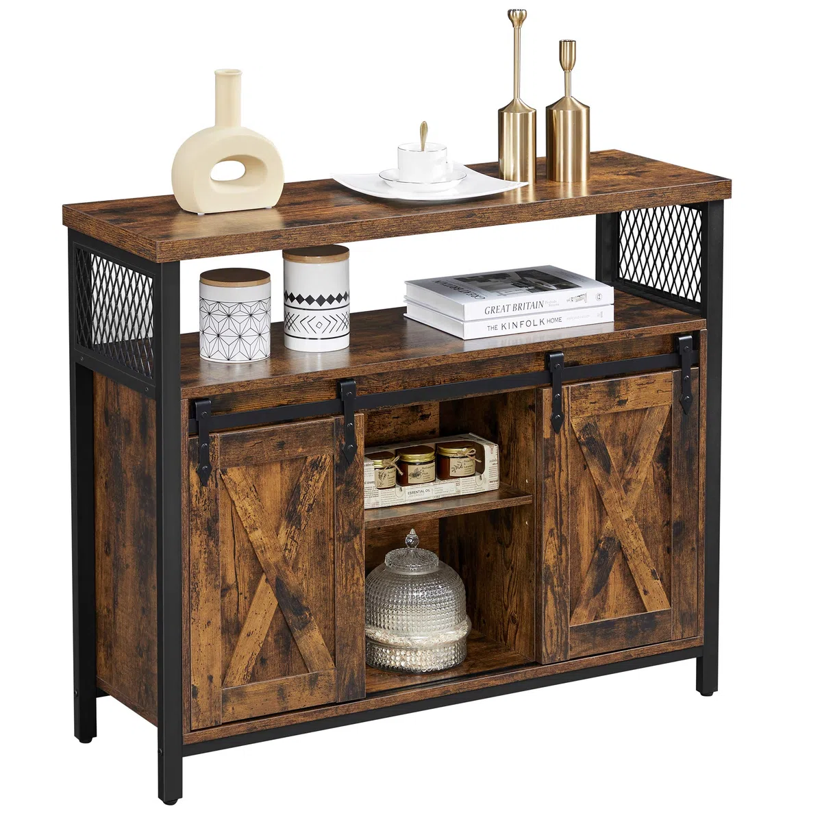 VASAGLE Credenza, Mobile da Cucina, Armadietto Organizzatore, con 2 Ante Scorrevoli, 33 x 100 x 80 cm, Ripiani Regolabili, Stile Country, per Soggiorno, Marrone Vintage e Nero Inchiostro LSC092B01