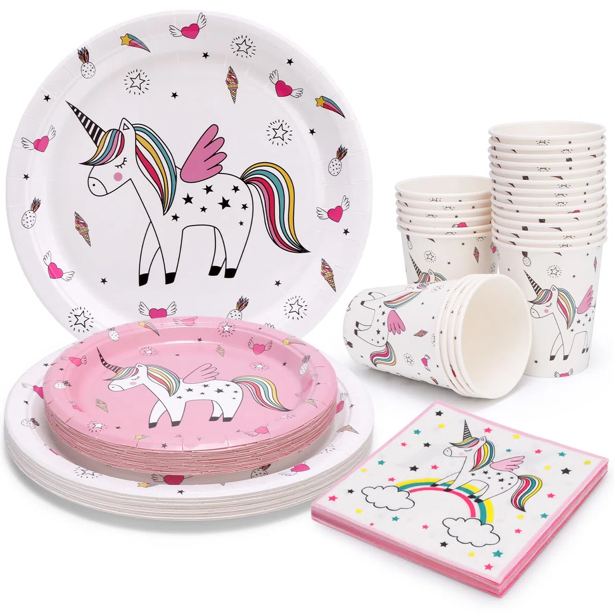 Set di stoviglie con unicorno, accessori arcobaleno, per ragazze, pacchetto con piatti da dessert, tazze, tovaglioli per 24 ospiti (96 pezzi)