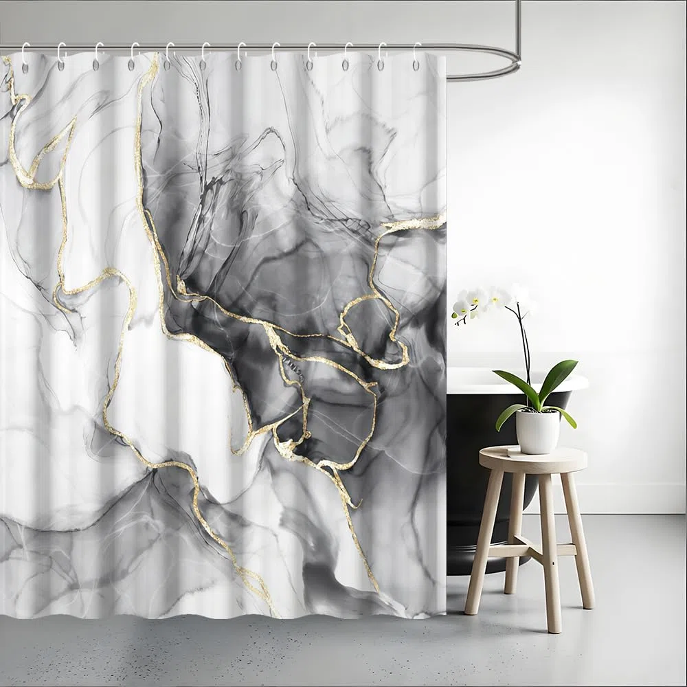 Tenda Doccia Antimuffa, Tenda da Doccia 180x200cm Grigio Effetto Marmo Nero Astratta Moderna Tende da Bagno Impermeabile Tessuto Lavabile Poliestere Tende per Vasca da Bagno con 12 Anelli