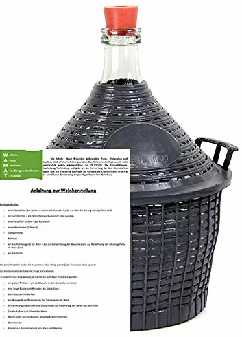 Damigiana di vino con cestino di plastica + bottiglia di vetro con tappo di gomma damigiana 15 l.
