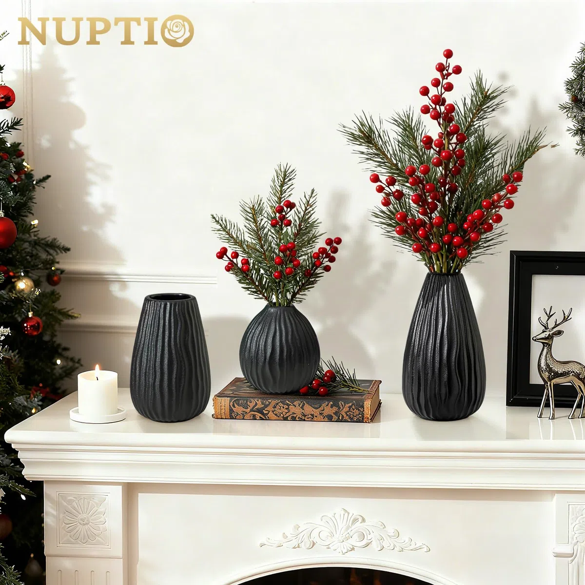 NUPTIO Ceramica Fiori Vaso Nero: Moderno Decorativi Pampas Vasi per Casa Camera Soggiorno Cucina Tavolo - 20cm+16cm+11cm Piccolo Boho Centrotavola per Matrimonio Set da 3 Pezzi