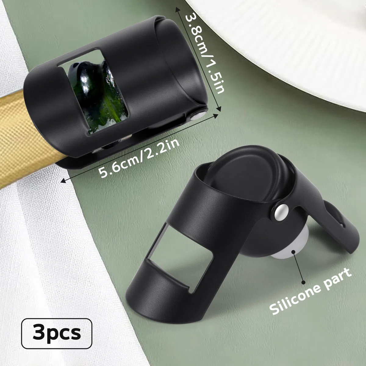Tappo per Champagne, 3 Pezzi Tappo per Spumante in Acciaio Inox, a Prova di perdite, Mantieni Fresco, Riutilizzabile per Sigillare Bottiglie di Vini, Adatto per Vino Rosso, Cava, Prosecco, Frizzanti