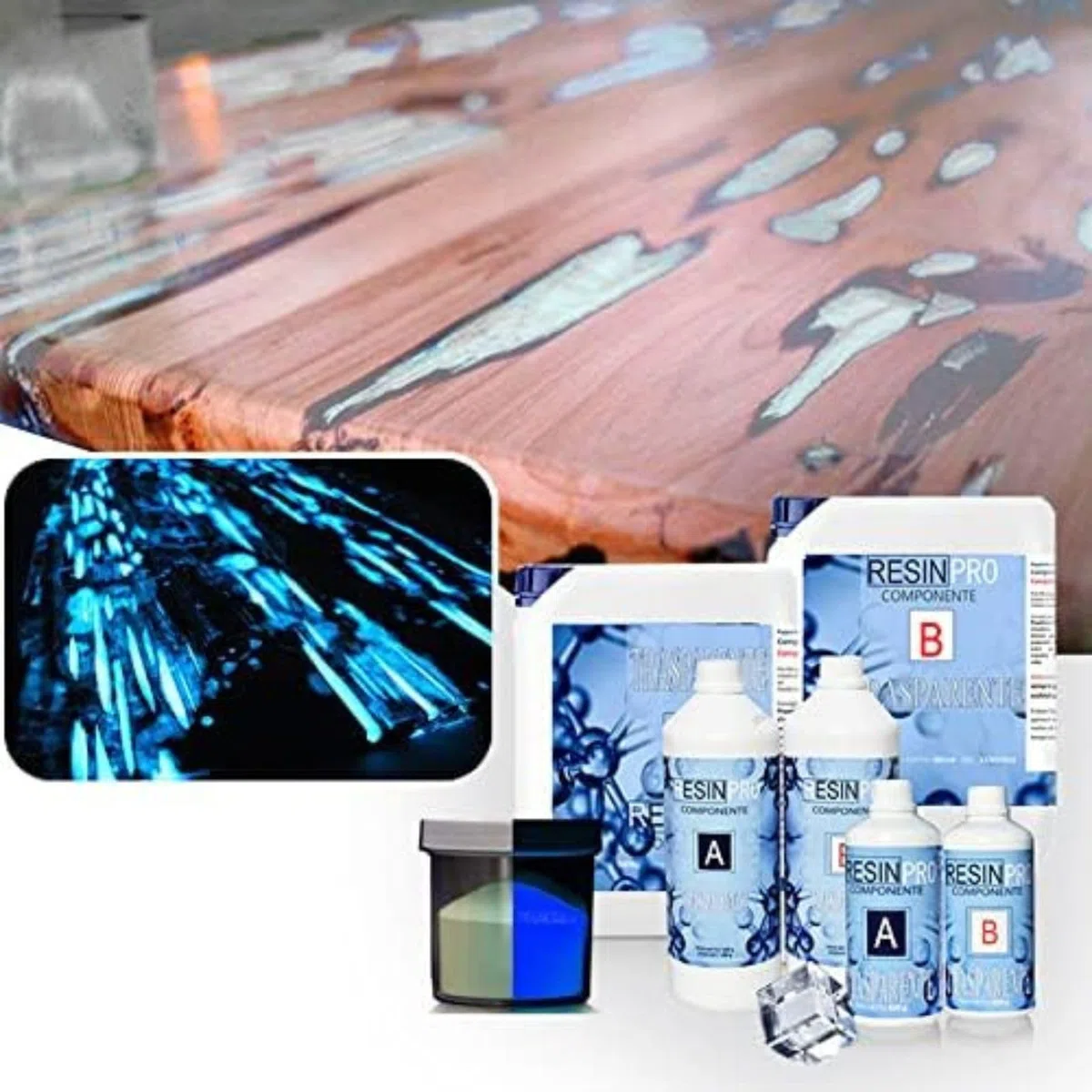 Resin Pro® 320g Resina Epossidica e Pigmento Colore Blu Fluo Per Legno, Tavolo Fiume, Fai Da Te, Creazioni Artistiche (0.32 Kg)