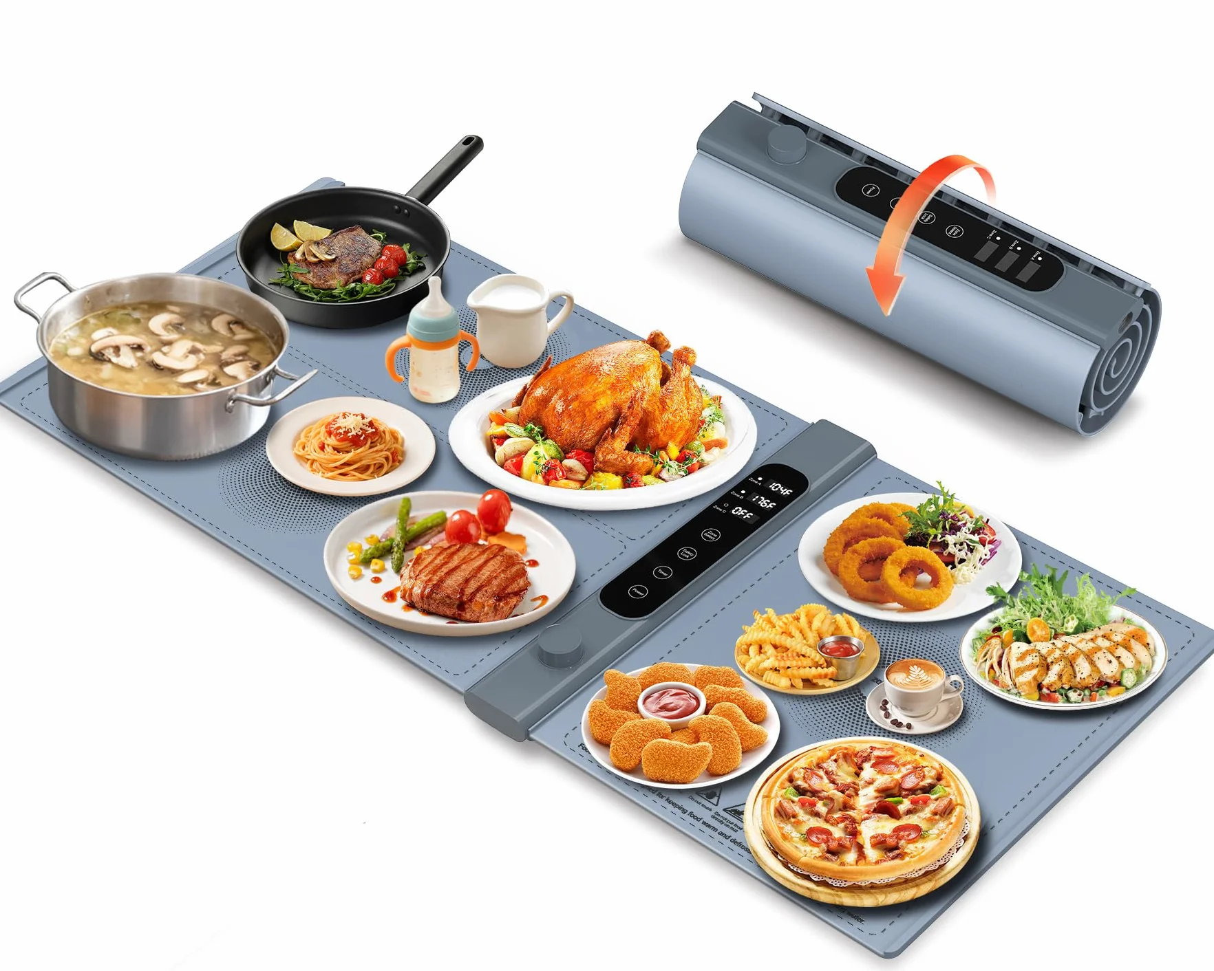 Vassoio Riscaldante Elettrico a 3 Zone Indipendenti 101×43 cm, Vassoio Riscaldante Pieghevole con 17 Livelli di Temperatura Precisi e Timer 1–6H, Tappetino Riscaldante in Silicone per Buffet e Feste