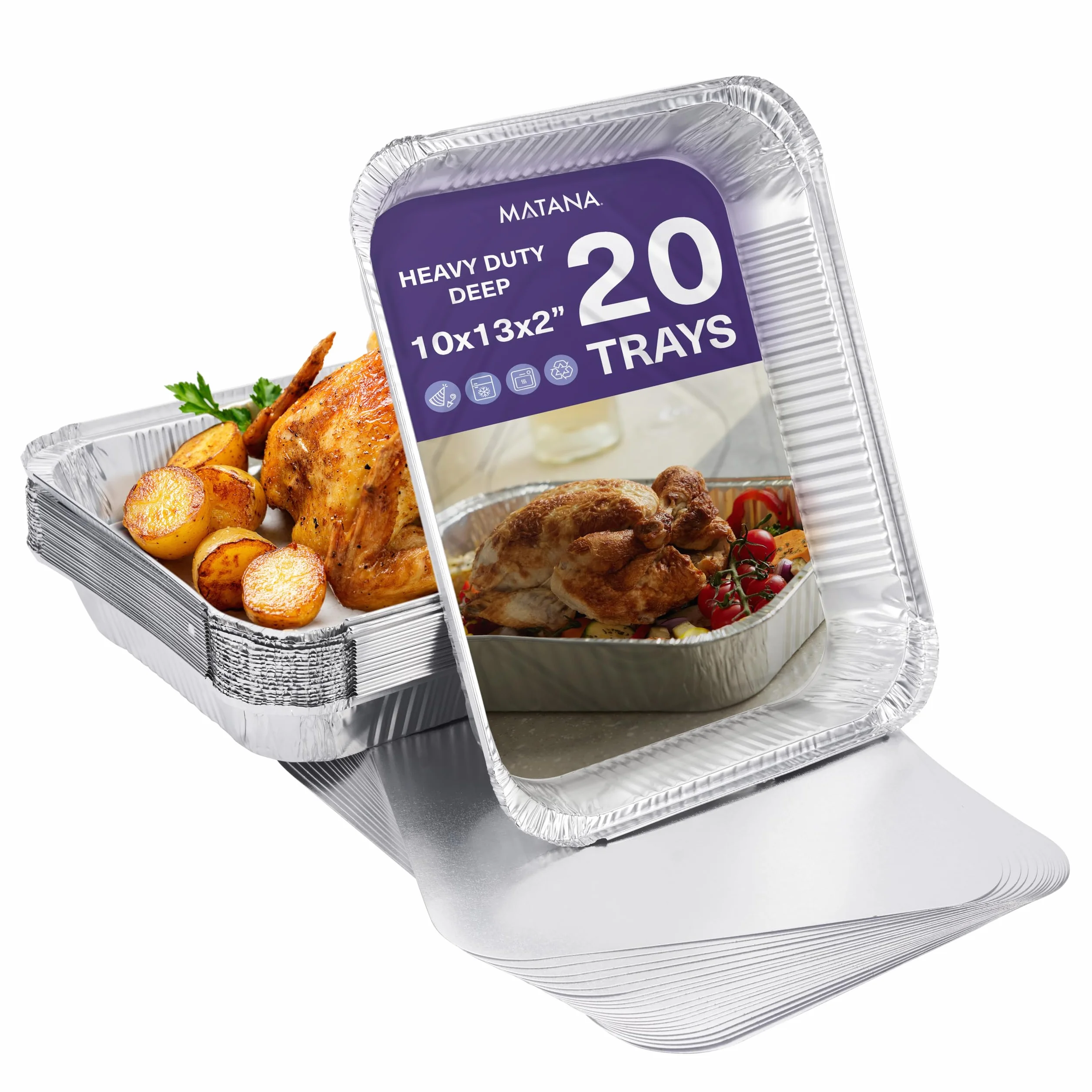Matana - 20 Grandi Vassoi in Alluminio per Arrostire, Cuocere con Coperchio Facile e Sicuro, Sicuri per il Forno e il Congelatore - 32x26cm (2350ml) - Vassoi per Buffet con Coperchi