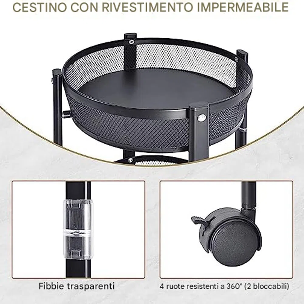 BAKAJI Carrello Pieghevole Salvaspazio Tondo a 3 Ripiani in Metallo, Carrellino Richiudibile Ergonomico Rotondo, Organizer 88 x 35 cm Ideale per Bagno, Cucina, Ufficio con 4 Ruote (Nero)