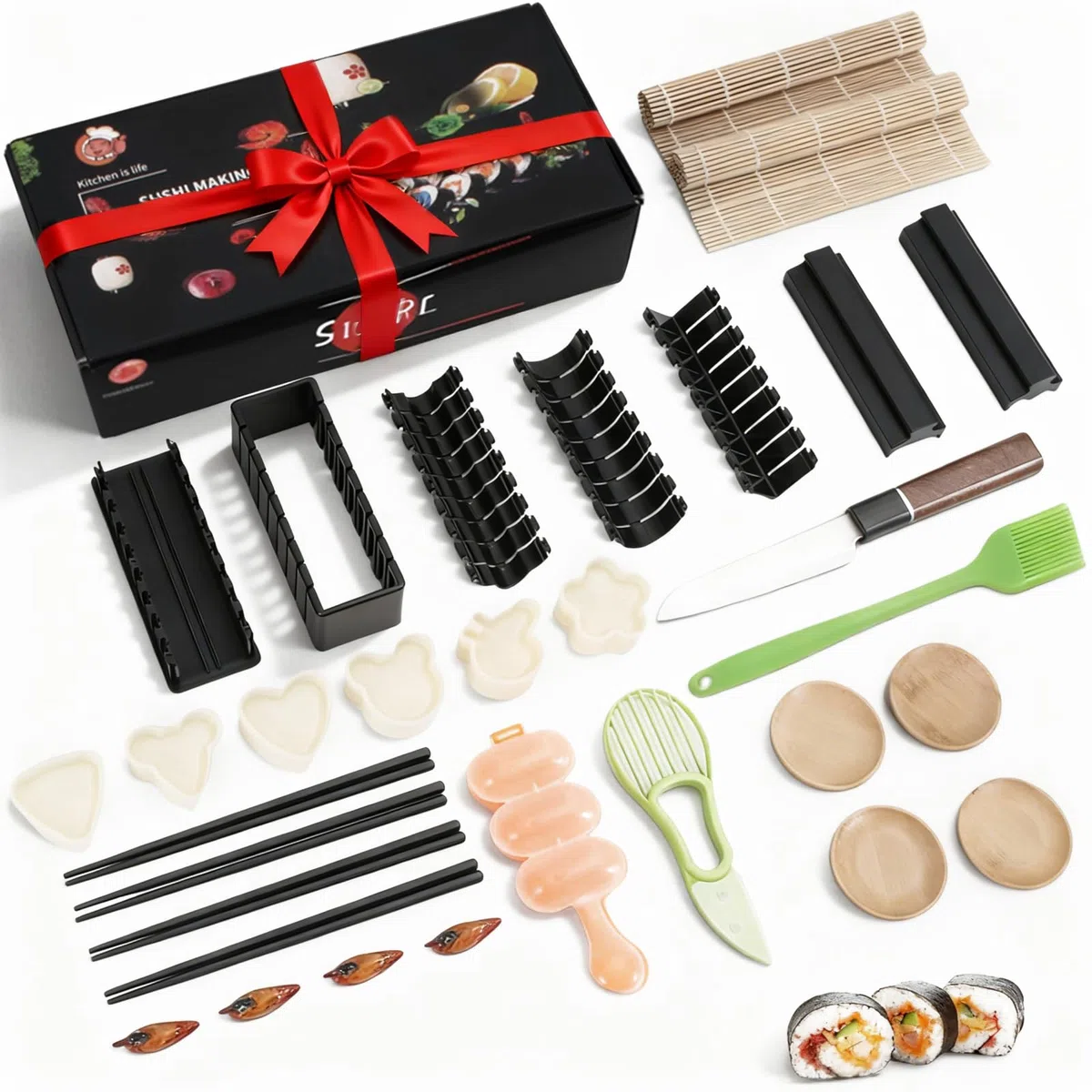 Kit per sushi, kit per sushi, kit da 33 pezzi per sushi per principianti, kit con stampo per taglio sushi, stampo per palline di riso, pressa per onigiri, coltello, tappetini in bambù, pagaia