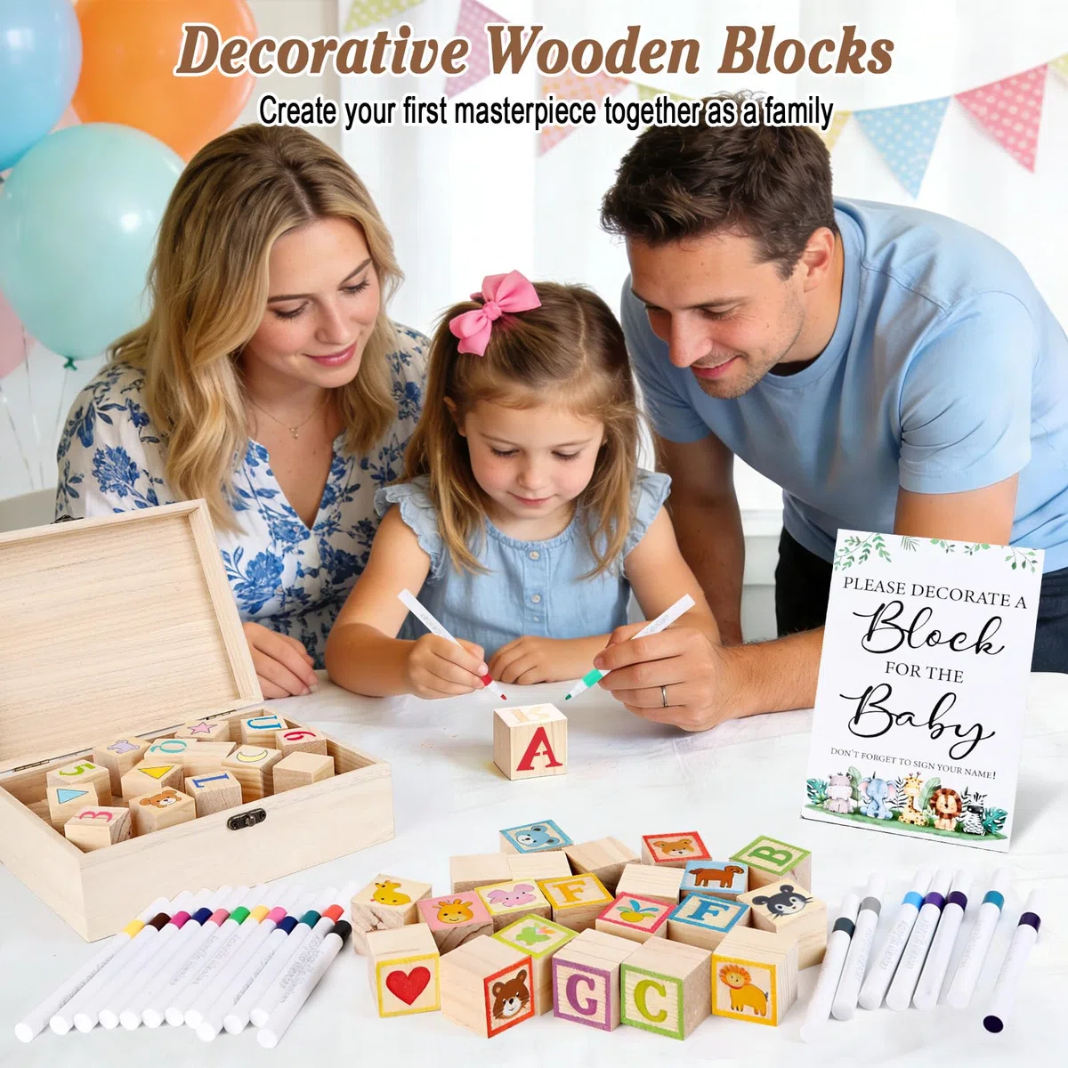 128 Pezzi Set di Giochi per Baby Shower, Blocchi di Pittura Creativa con 48 Blocchi di Legno, 24 Matite Colorate, 54 Stencil e Scatola di Legno per la Festa di Rivelazione del Sesso