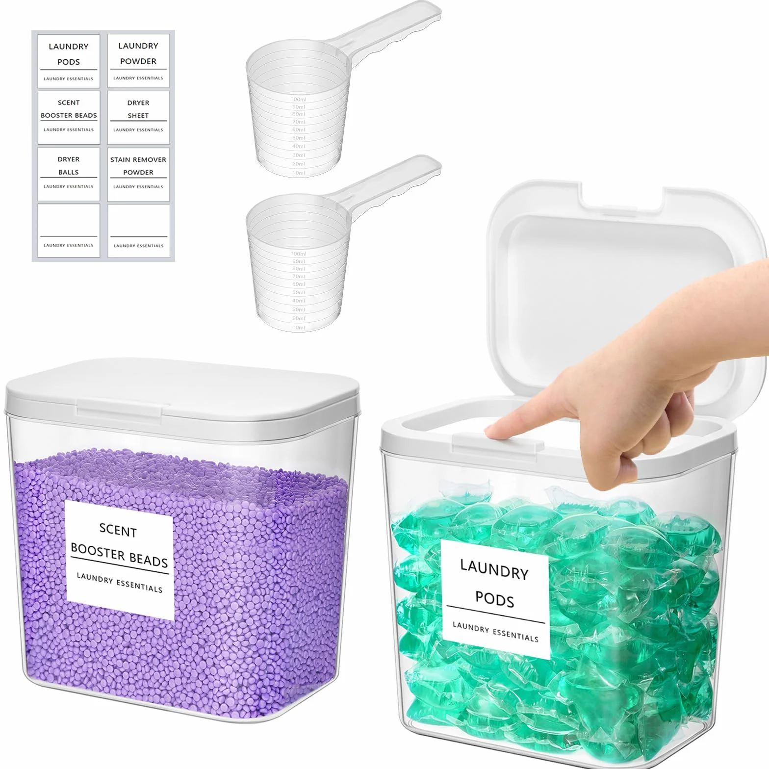 Lifewit Contenitore Detersivo Capsule di Detersivo per Bucato, Dispenser Detersivo Lavatrice in Plastica, Dispenser Sapone e Lozioni Commerciali con Etichette e Cucchiai, 2700 ml, 2 Pezzo