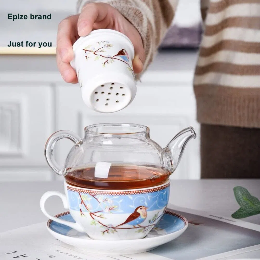 YBK Tech Teiera in Vetro con Filtro in Porcellana, Set di Tazza e Piatto con Motivo Uccelli Felici, Teiera e Tazza per 1 Persona (Blu)