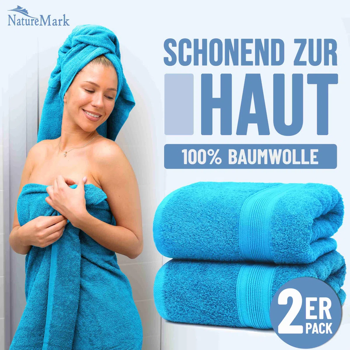 NatureMark ASCIUGAMANI PREMIUM/ASCIUGAMANI DA BAGNO in 100% cotone, morbidi, resistenti, con asola per appendere – set da 2, 100x150 cm, Colore Turchese