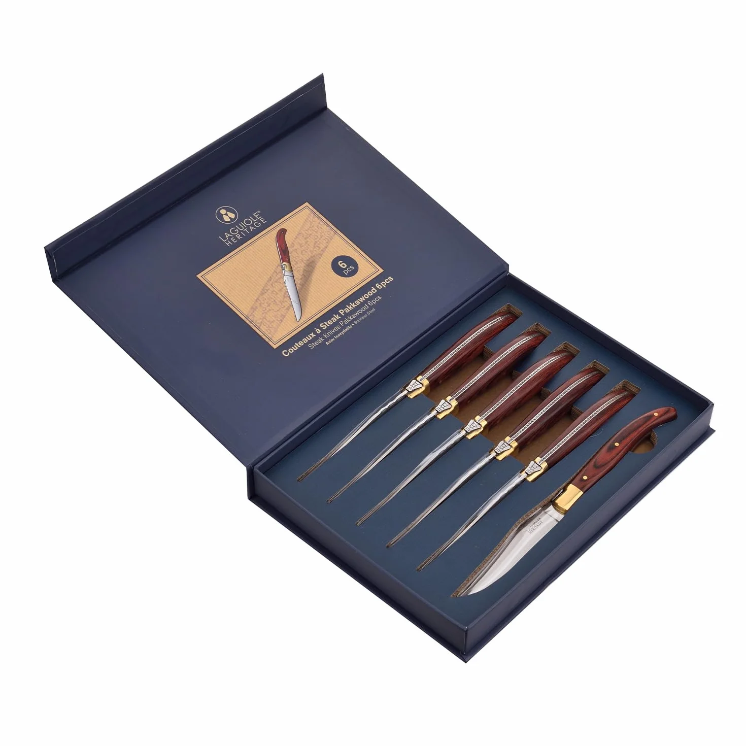 Set di coltelli da bistecca Laguiole Heritage - set da 6 pezzi - coltelli da bistecca con manico in legno pregiato Pekka - acciaio inossidabile - set di coltelli di alta qualità in confezione regalo