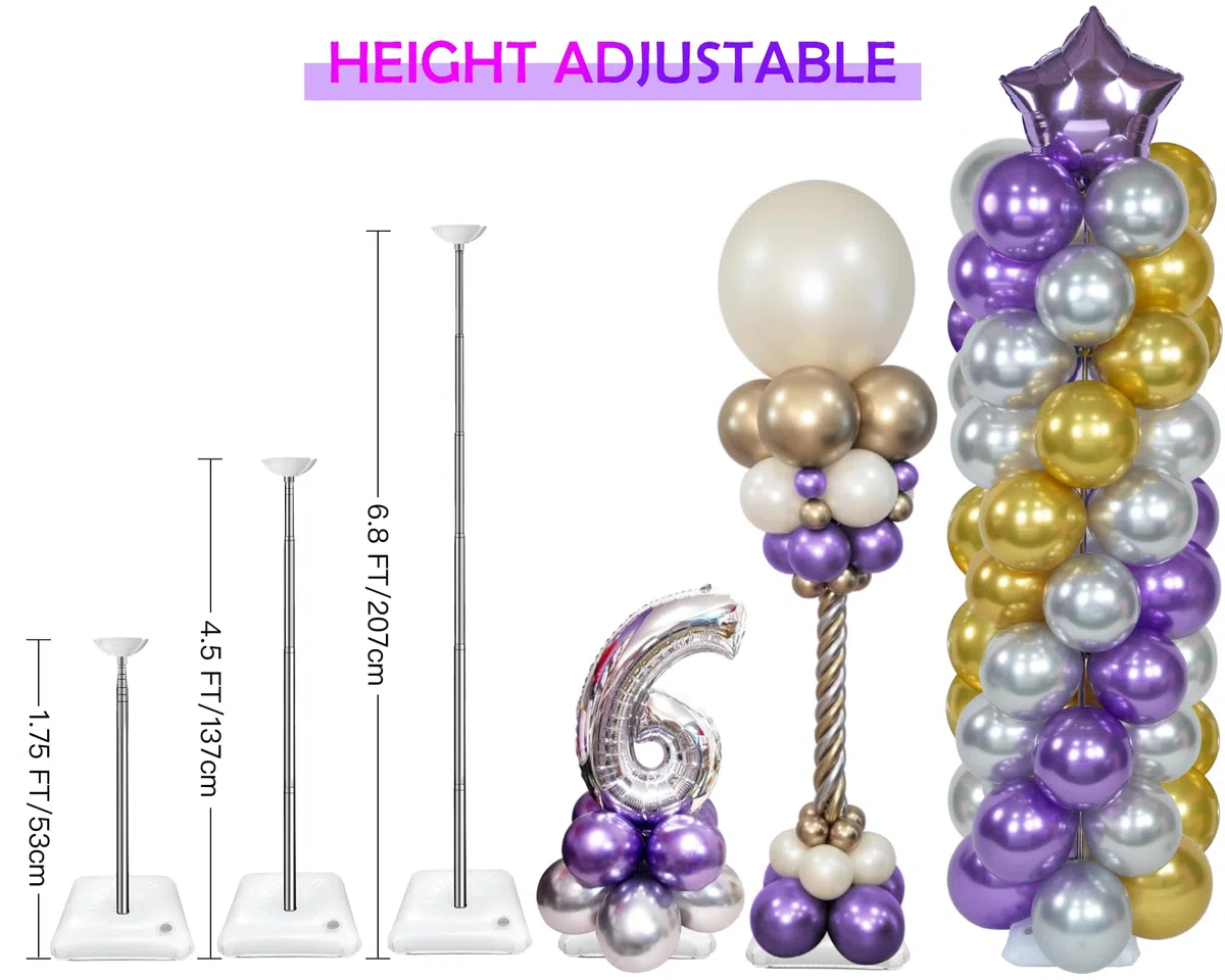 YALLOVE Kit Supporto Colonna Palloncino, Set di 2, Supporto Palloncini Altezza Regolabile 2m, Struttura Metallica Telescopica Riutilizzabile per Feste, Matrimoni, Compleanni (Palloncini Non Inclusi)
