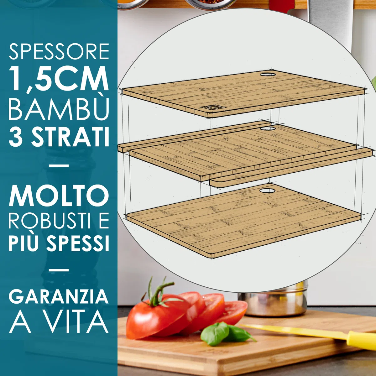 LARHN. Set Taglieri da Cucina in Legno di Bambù - 3 Pezzi Extra Spessi 1,5 cm - Tagliere da Cucina 33x22 / 28x22 / 22x15 cm - Resistenti, Facili da Pulire e Delicati sulle Lame