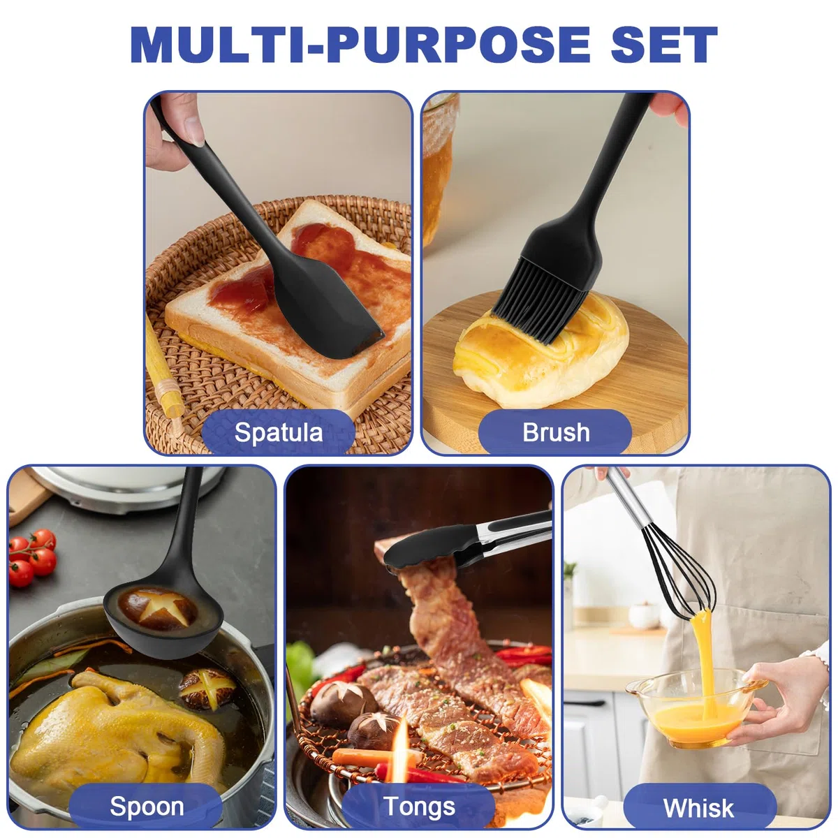 Set di utensili da cucina in silicone, 12 pezzi, set di utensili da cucina con supporto, senza BPA, con rivestimento antiaderente per uso alimentare, utensili da cucina, resistenti al calore e facili
