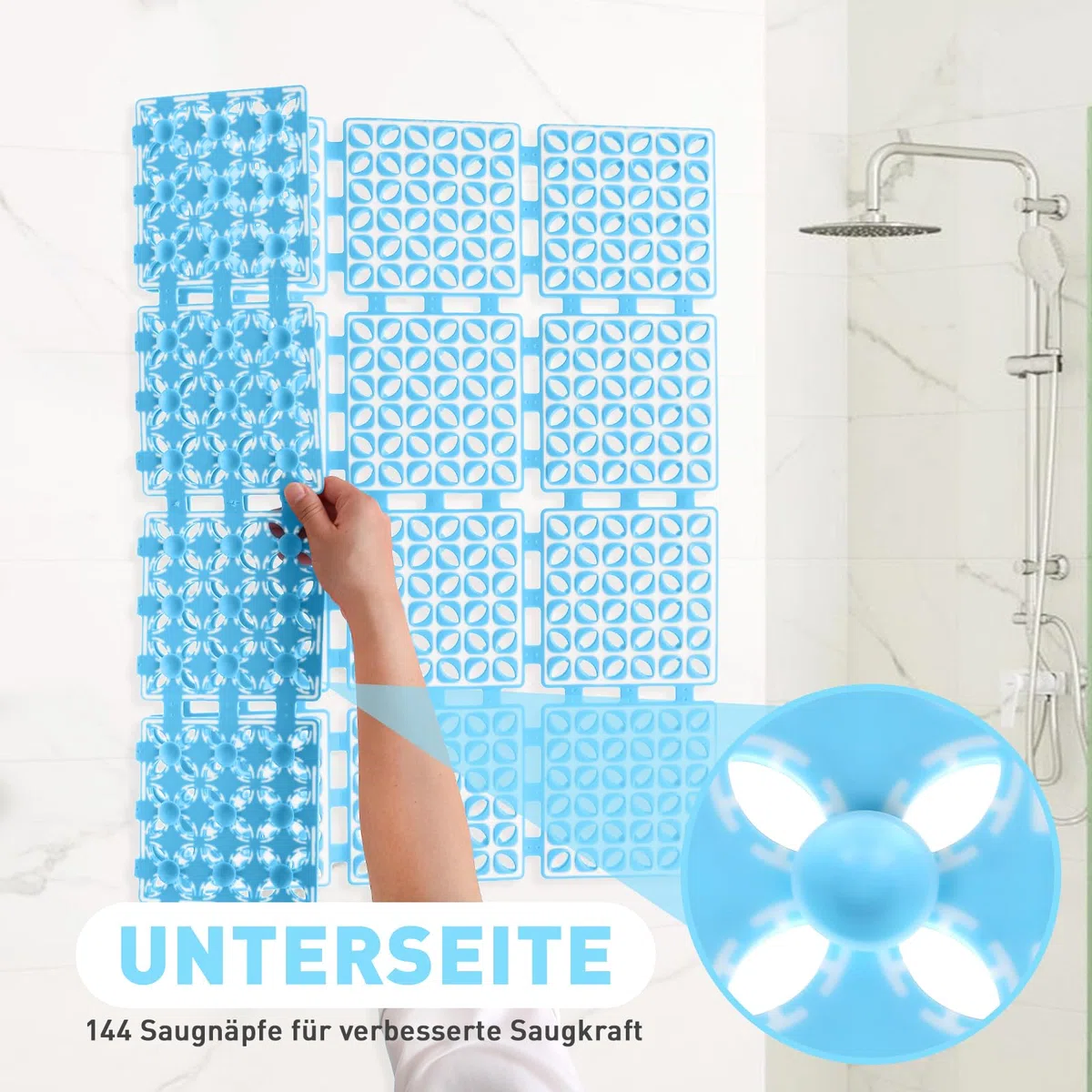 Tappetino da doccia antiscivolo 60x60cm, sottovasca con ventose per doccia o vasca da bagno, tappetino antiscivolo pieghevole e tagliabile per doccia (Blu, 60 x 60 cm)