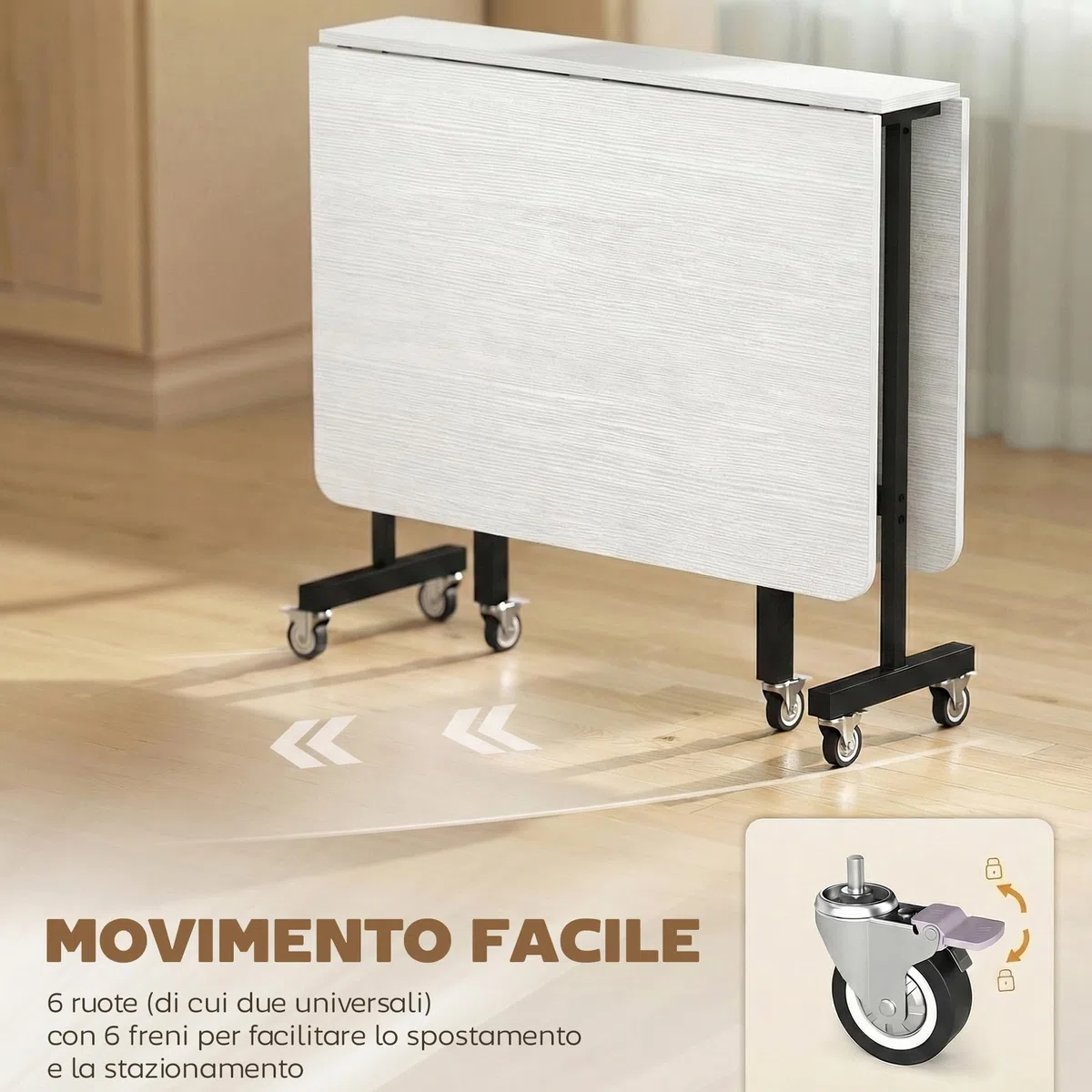 HOMCOM Tavolo da Pranzo Pieghevole, Tavolo Cucina a Ribalta con Ruote a Freno per 4-6 Persone, Scrivania Richiudibile con Struttura in Acciaio, per Soggiorno, 120x80x73 cm, Bianco Effetto Legno