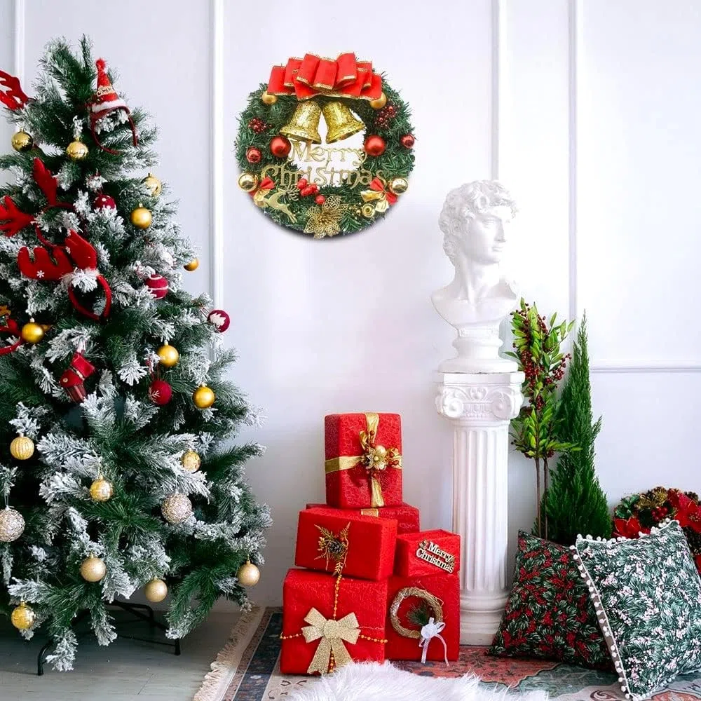 LATERN 30CM Ghirlanda di Natale, Ghirlanda di Pino di Natale Artificiale con Fiocco Campana Cervo Bacche Rosse Fiore per Natale Porta Parete Camino Finestra Albero di Natale Decorazione