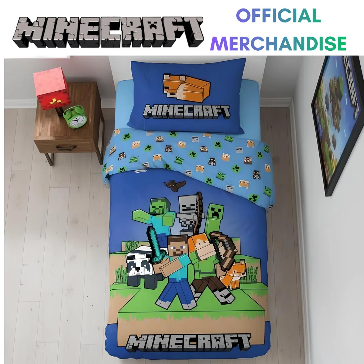 Minecraft Biancheria da letto per bambini | Copripiumino 140x200 cm & federa 50x70 cm | 100% cotone, morbido e traspirante | Design Minecraft “Ready to Survive”
