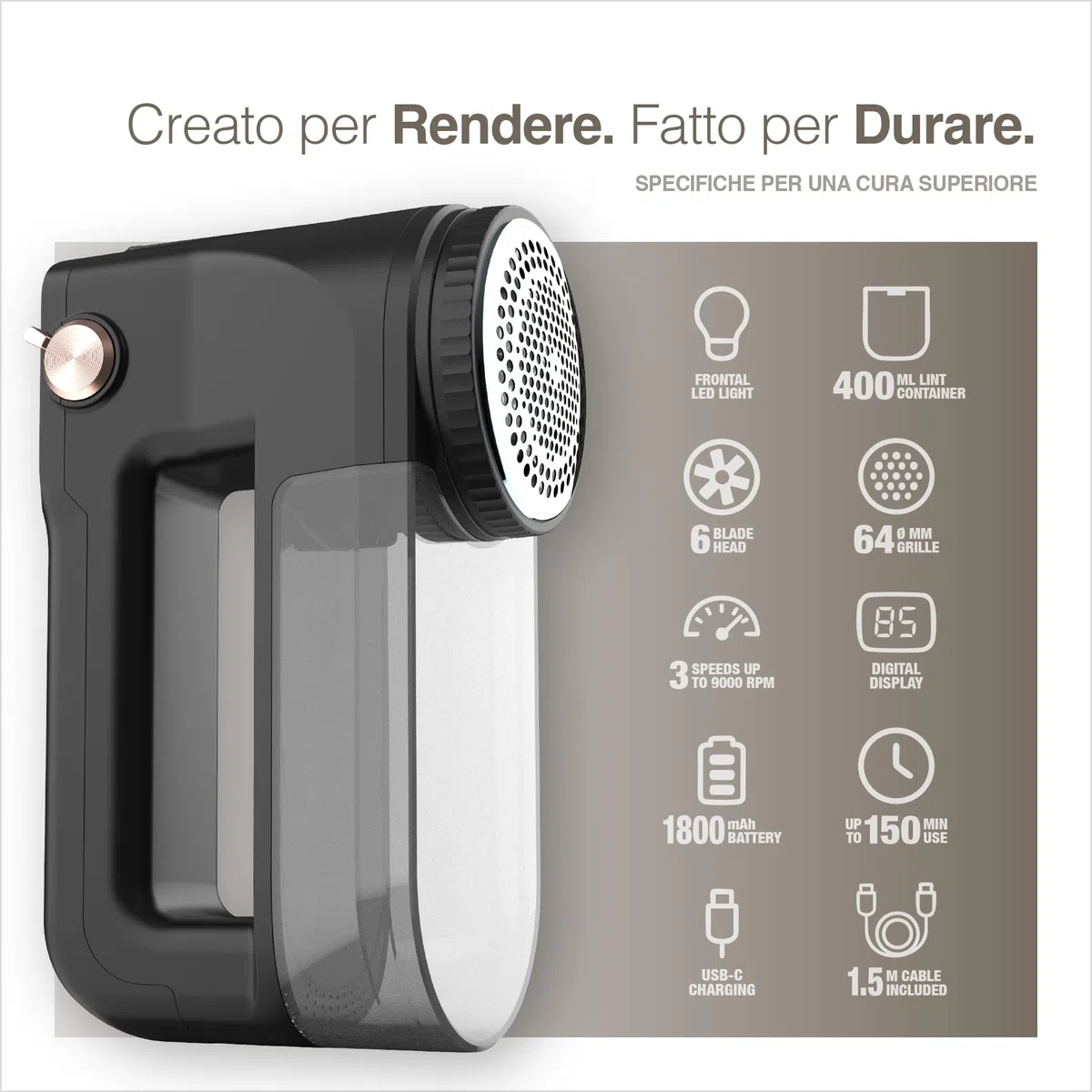 PORTENTUM Levapelucchi Elettrico con Luce LED – Display Digitale, 3 Velocità fino a 9.000 RPM, Lama a 6 Foglie, Grande Serbatoio, Togli Pelucchi per Abiti e Casa Ricaricabile USB C, Potenza Reale 15W