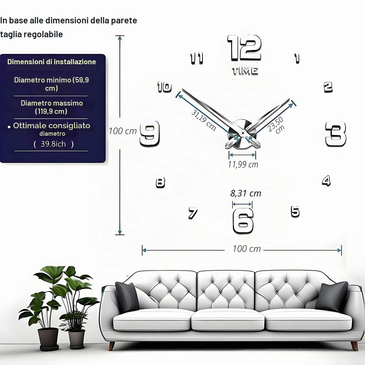 Coraltree Orologio da Parete Silenzioso Preciso Fai da Te, orologio da parete moderno, orologio da parete grande 3D Adesivo Home Office Decor Regalo (Dimensioni 60 cm – 120 cm autoadattamento)