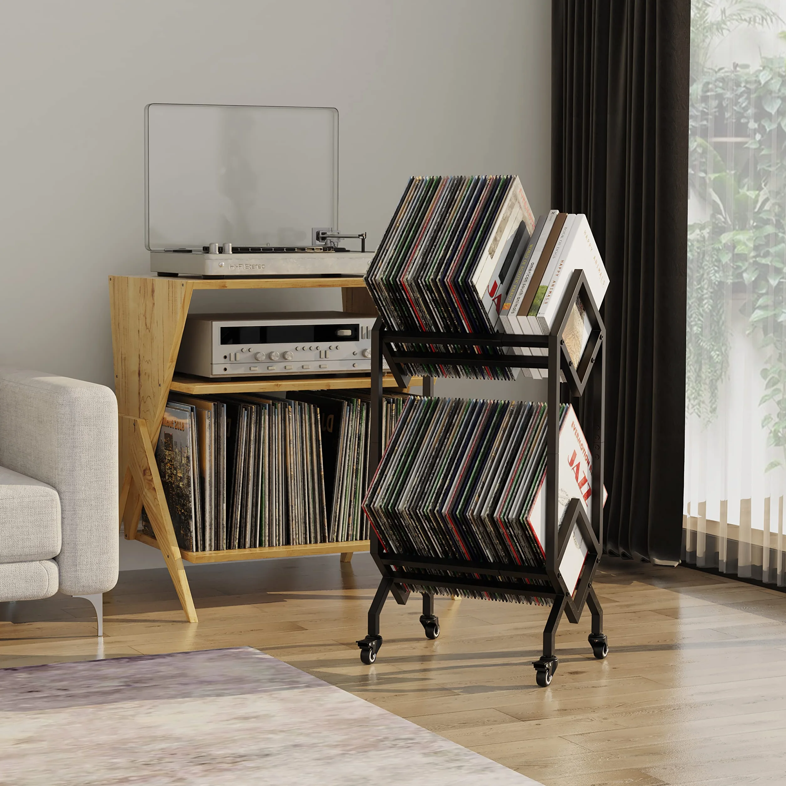 VEDECASA Supporto per dischi in vinile DJ con carrelli, facile da spostare, scaffale porta album mobile, supporto per riviste, organizer per file per ufficio - scaffale