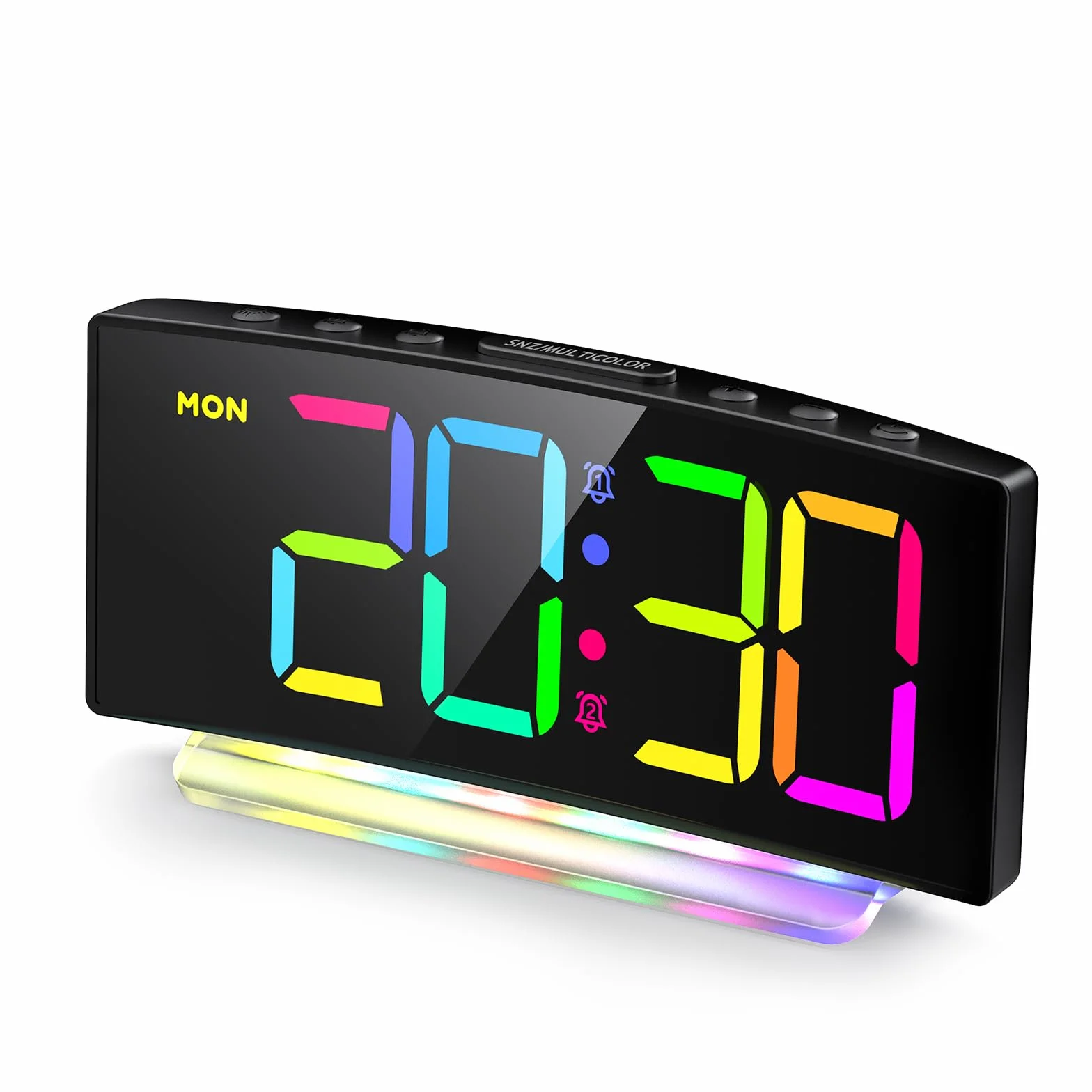 Sveglia da Comodino con Display Digitale a 8 Colori, Snooze, 2 Allarme, Luce Notturna RBG a 7 Colori,4 Livelli di Luminosità, Volume Regolabile, Nero