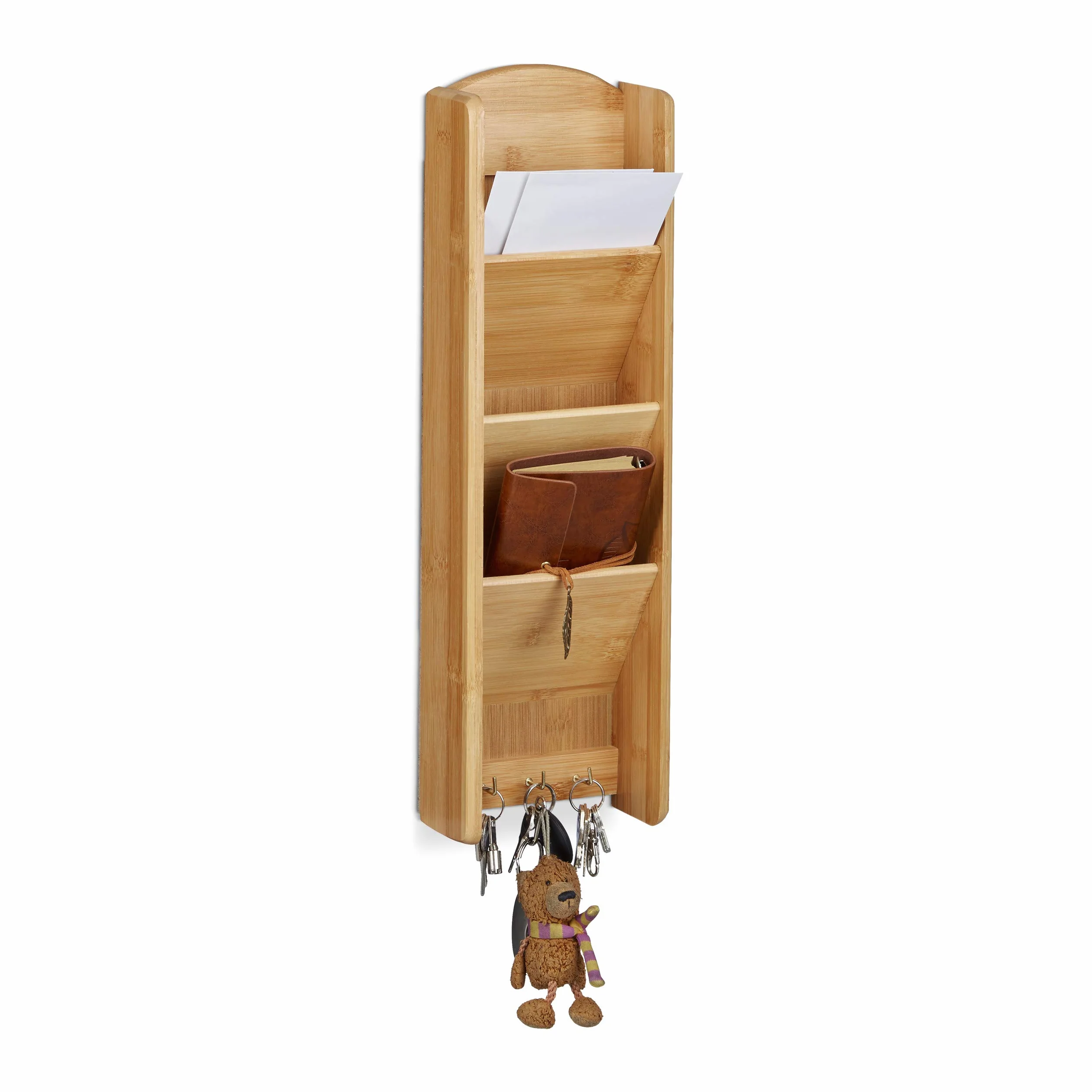 Relaxdays Mensola Portachiavi, Porta Lettere, da Parete, in Bambù, 7,5x15x49,5, 3 Scomparti, 3 Ganci, Color Naturale