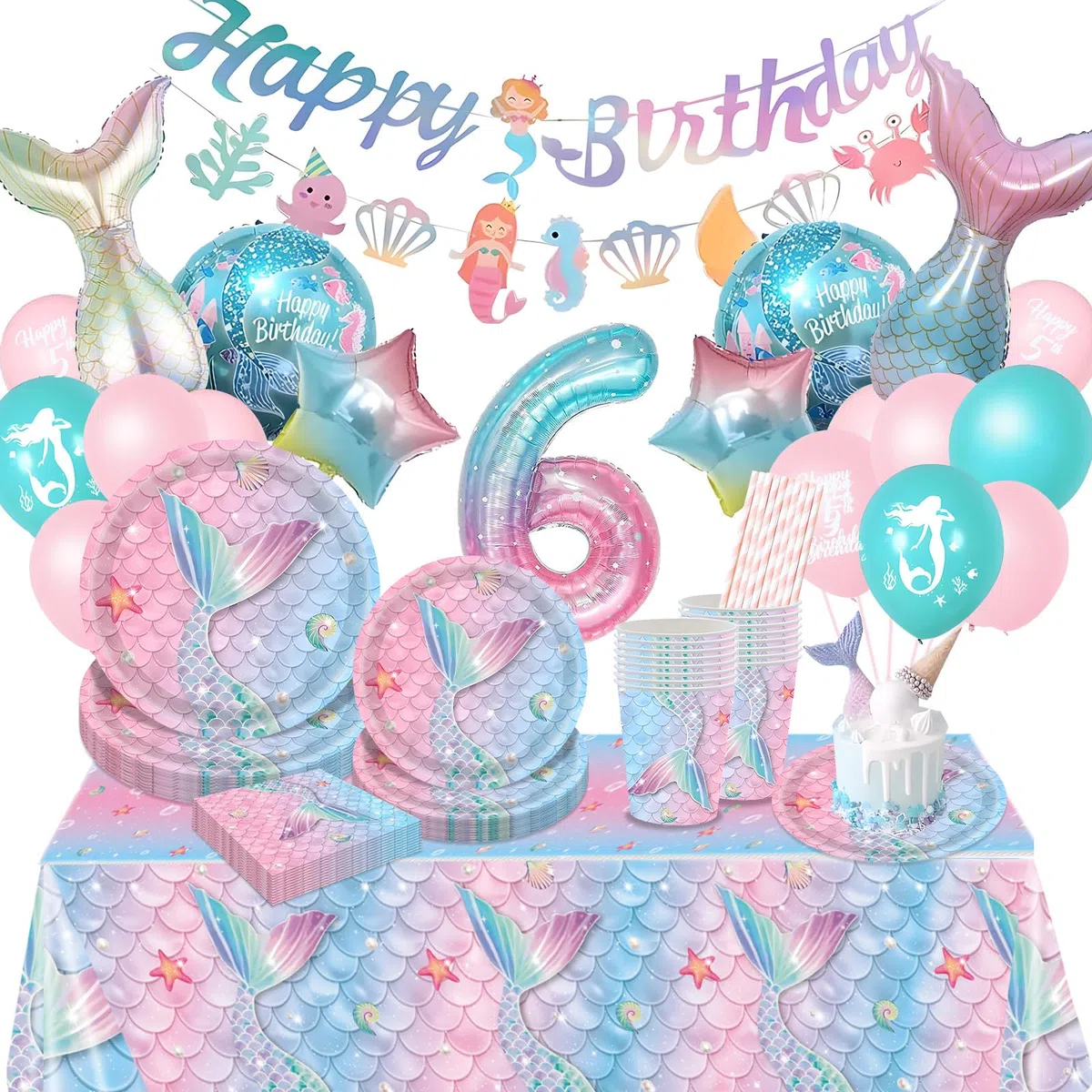 Piatti e Bicchieri per Feste di Compleanno Set, 6 anni Decorazioni Compleanno Sirena, 103 Pezzi Sirena Stoviglie per Feste(16 Ospiti)
