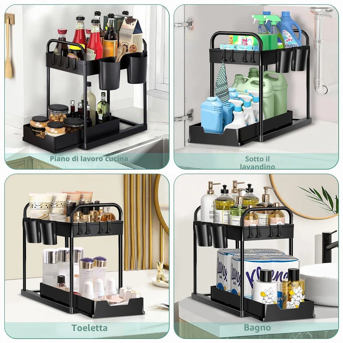Organizer Sottolavello Cucina 2 Livelli, Estraibile Organizzatore Cucina Con 4 Ganci e 2 Tazze, Sottolavello Portaoggetti Ripiano Cassetto, Organizzatore per lavello Bagno (Nero,1 Pezzo)