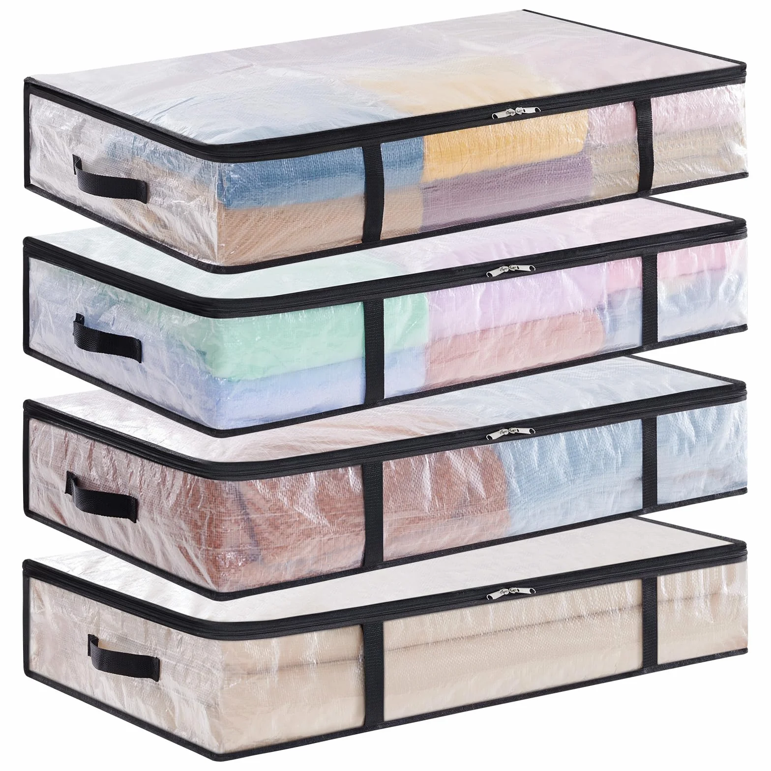 Lifewit 4 Pezzi Scatole per Vestiti Trasparente 60L, Contenitori Sottoletto Pieghevole con Manici, Scatole per Armadio en PP, Scatoloni trasloco, Organizzatore armadio per Vestiti, Coperte, Piumoni