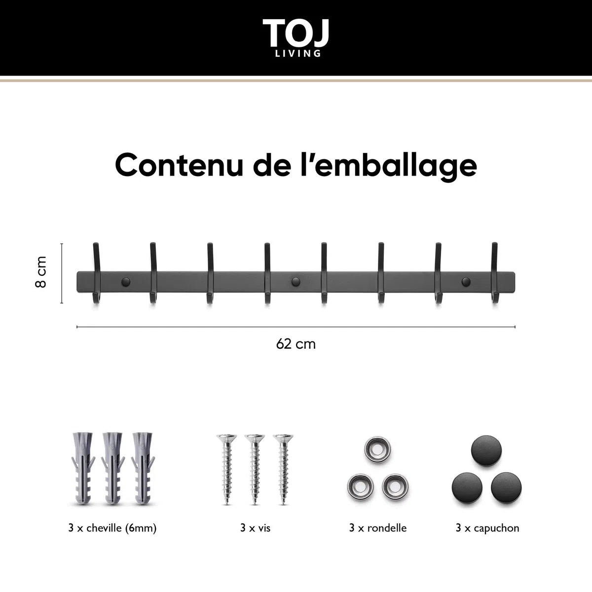 TOJ Appendiabiti da parete con 16 ganci - Appendiabiti da parete - Cornice appendiabiti in acciaio inox - 62 cm - Nero opaco