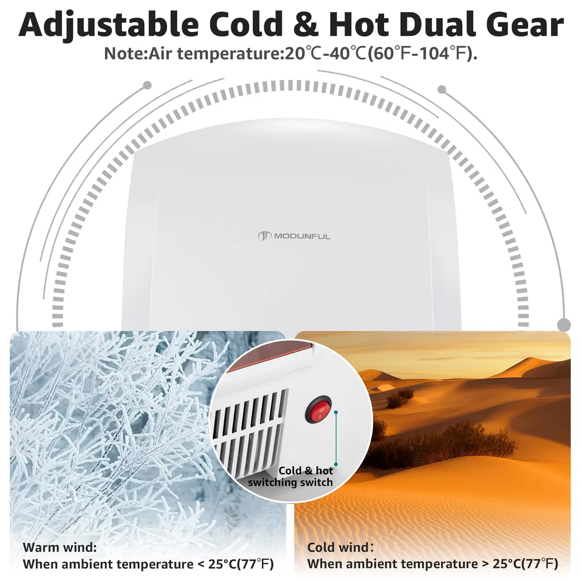 modunful Asciugamani automatico Asciugamani a muro con luce pilota, asciugatura ad aria calda e fredda, compatto classico commerciale 220V 2000W bianco