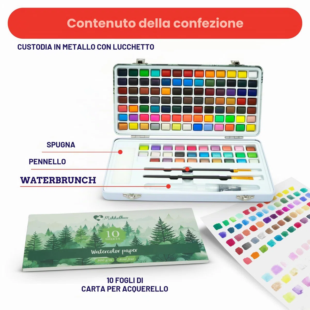 Set di colori ad acquerello, 120 colori in scatola con pennello e carta, set di pittura ad acquerello di alta qualità per artisti, confezione regalo con colori metallizzati e fluorescenti