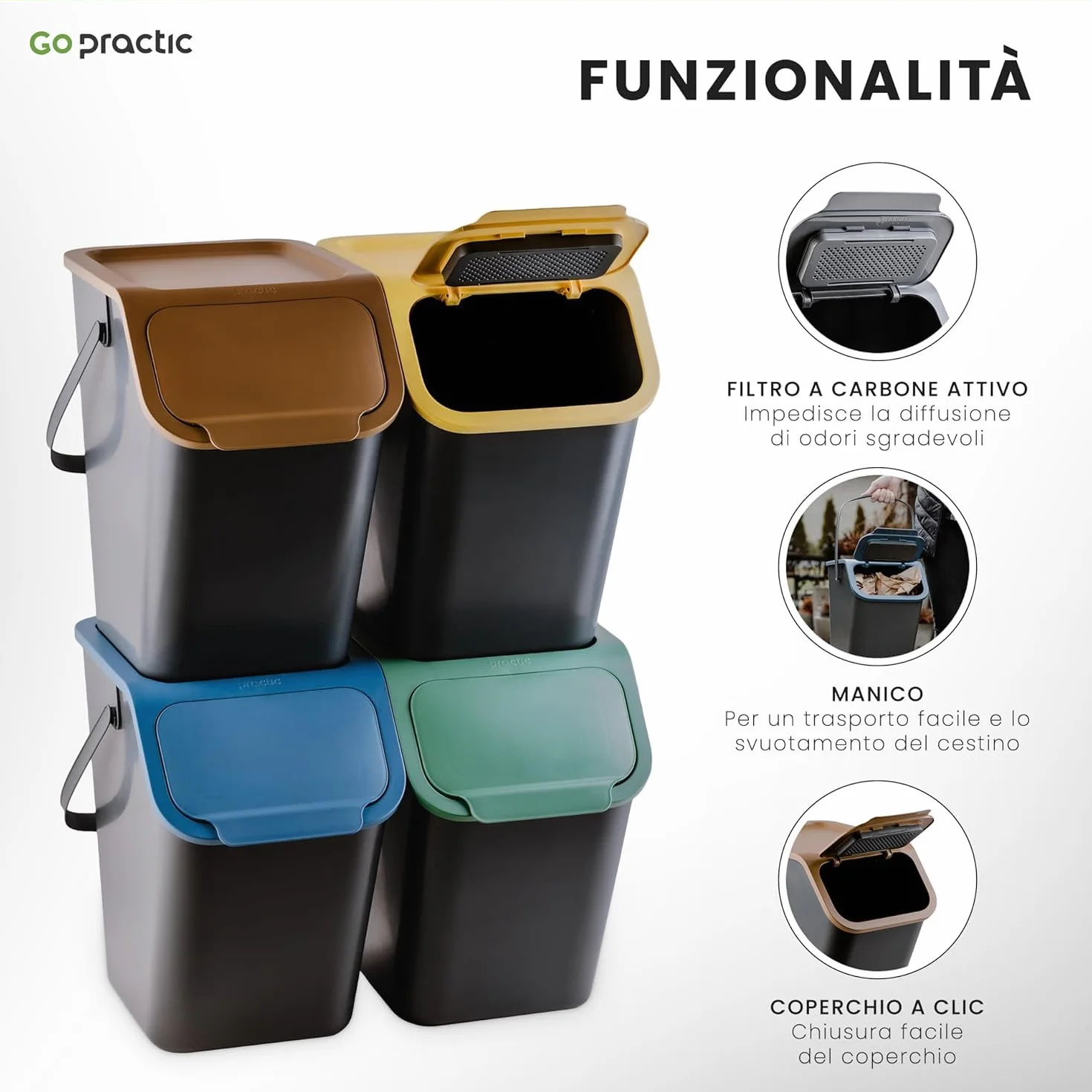 Pattumiera da Cucina, Raccolta Differenziata Cucina, Set da 4 pezzi: 2x 25L + 2x 35L, Secchiello Domestico,Cestino Per Rifiuti, Secchio per Immondizia, Casa Contenitori, + Filtri