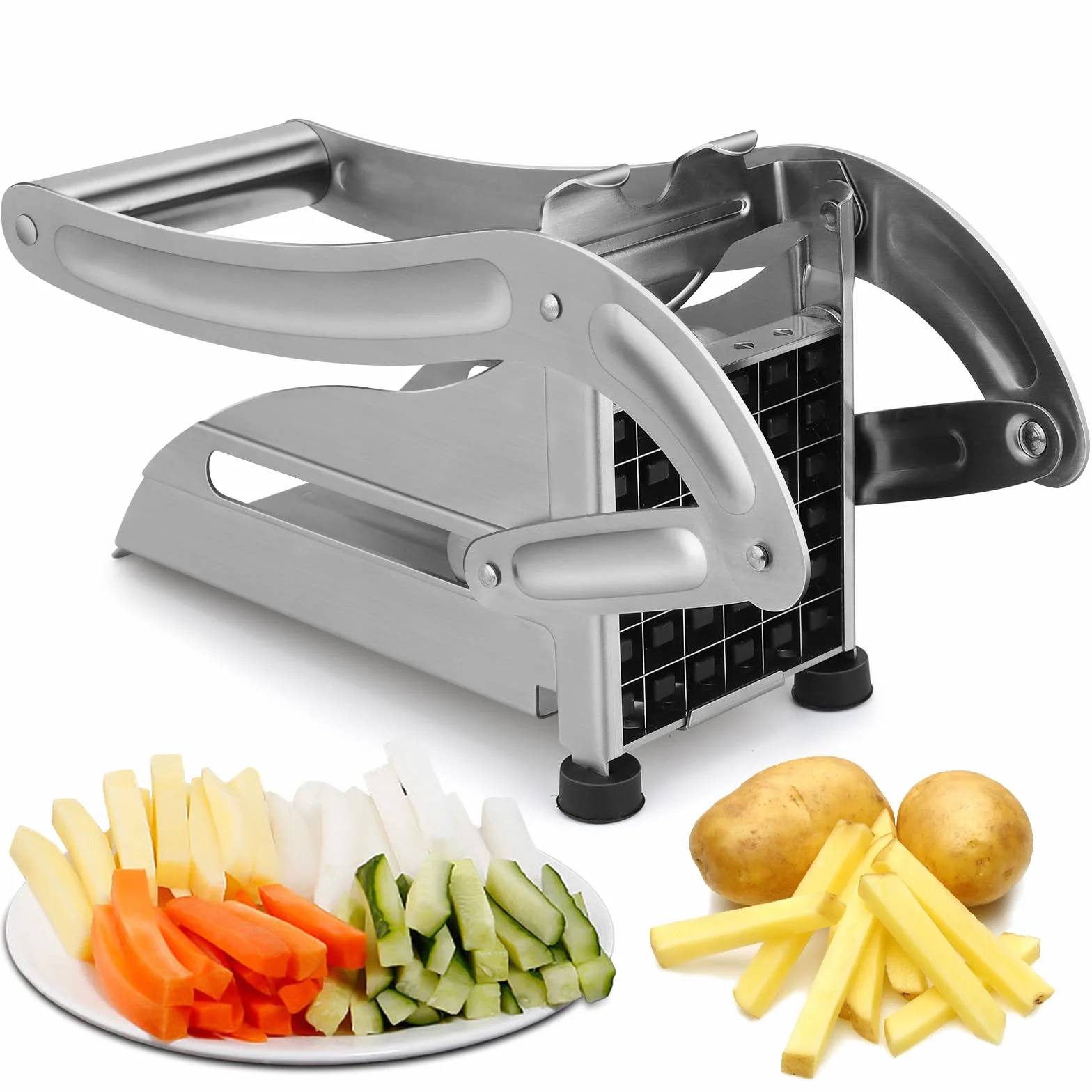 Tagliapatate Professionale Acciaio Inox Taglia Patate Fritte con 2 Lame Intercambiabili Sminuzzapatate Cippatrice per Cipolla Carota Frutta Patata Cetrioli