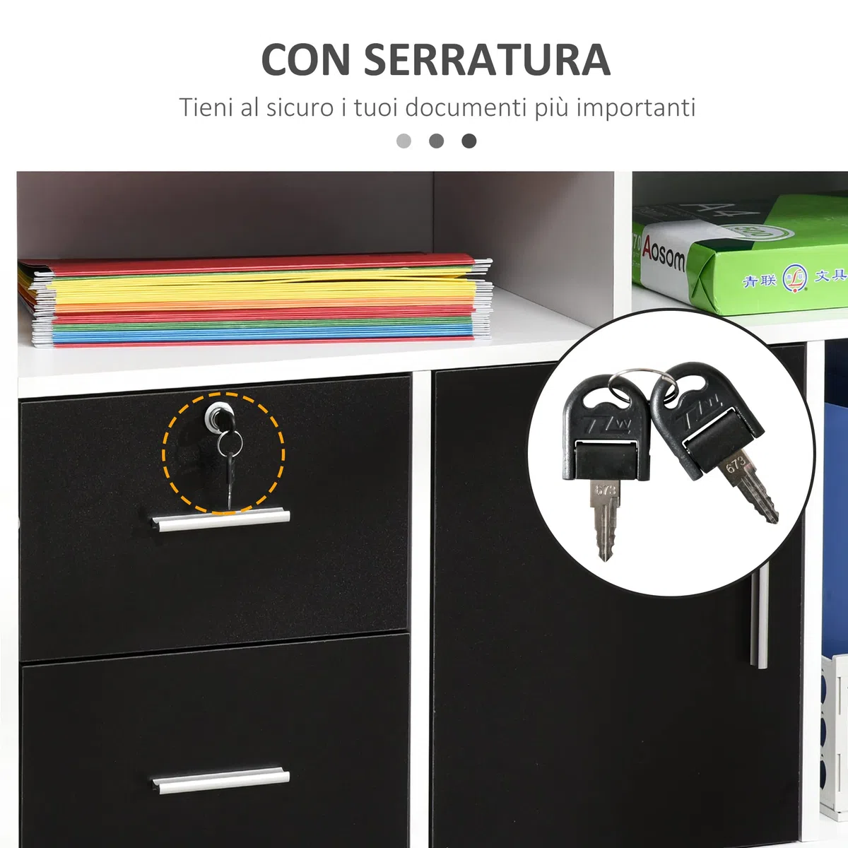 HOMCOM Mobile Porta Stampante a Rotelle con 2 Cassetti Chiudibile a Chiave, 3 Ripiani e Armadietto, Mobile Stampante per Documenti da Ufficio e Studio, 100x35x65 cm, Nero e Bianco