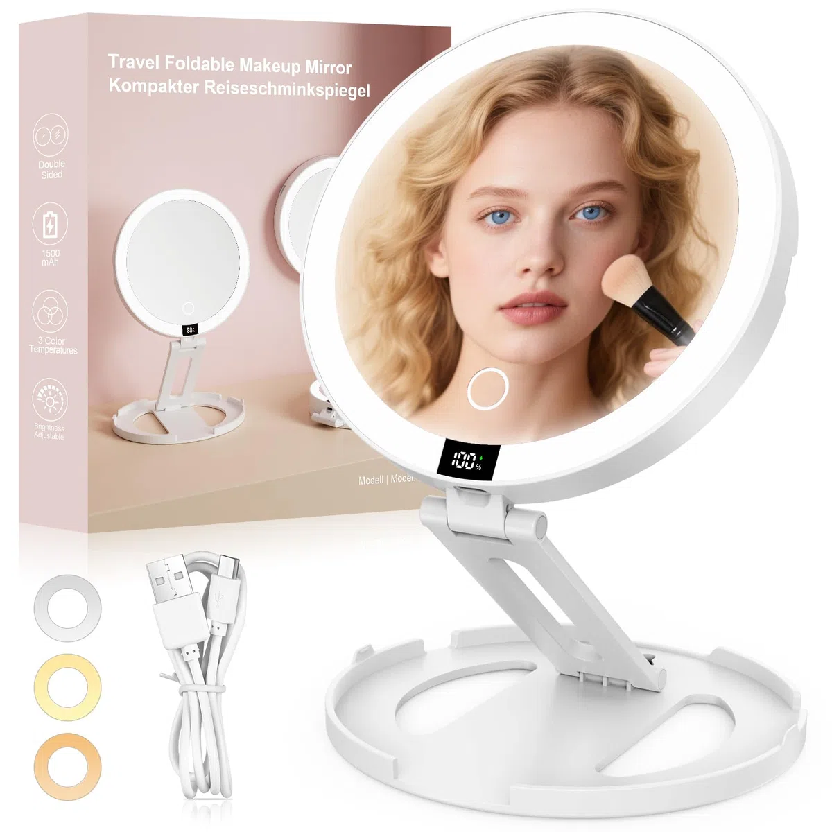 SURFOU Specchio Trucco con Luci LED Ricaricabile USB, 1500mAh Pieghevole Portatile Doppia Faccia 1X/20X, 3 Modalità Luce Regolabile Touch Memoria, Ideale per Make up Bagno e Viaggio