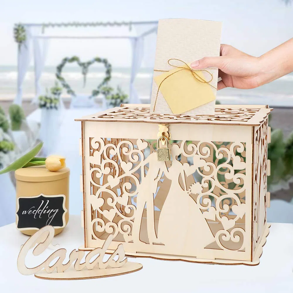 Scatola di Carte di Nozze in Legno Scatola per Biglietti di Nozze con Serratura per Matrimonio Ricevimento Anniversario Compleanno Baby Shower Laurea
