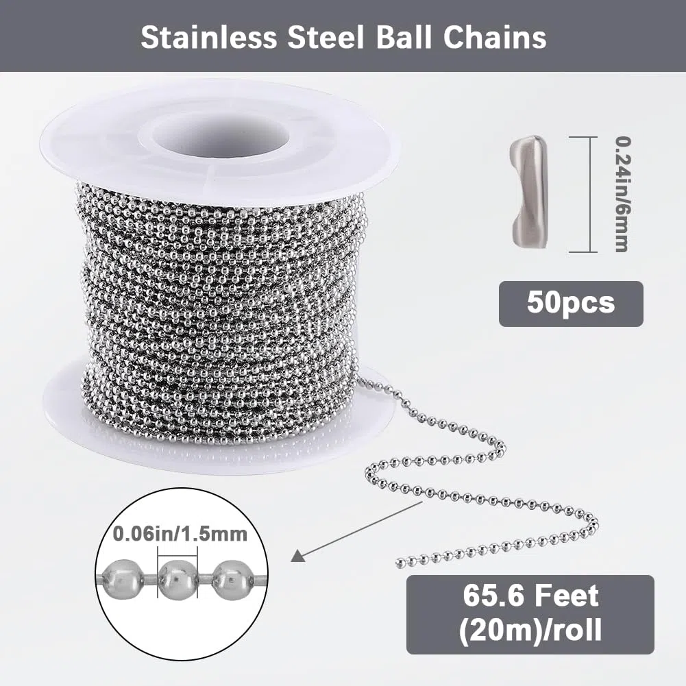 65.6 Piedino 1.5mm Catena A Sfera In Acciaio Inossidabile Catene A Sfera con Perline con 50 Pezzi Connettori Catena In Metallo Argento Bobine Rotolo Catene A Sfera per Creazione di Gioielli F