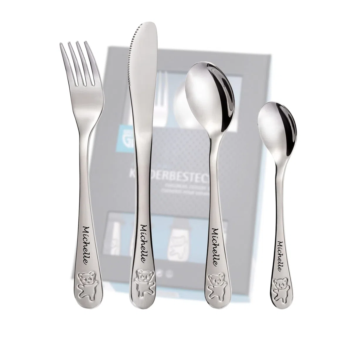 Posate per bambini con incisione del nome/motivo "ORSETTO" orsacchiotto TEDDY / 4 pezzi (tutti e 4 incisi col nome) / acciaio inox/incisione in un font attraente