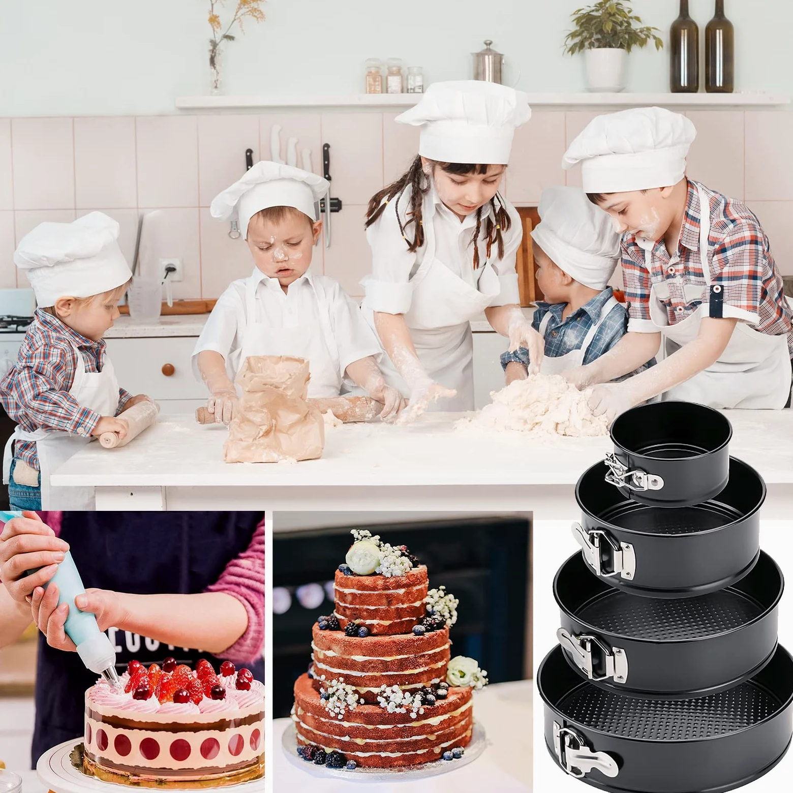Amzeeniu Stampo per cerniera, set di 4 12/18/22/26 cm, stampo per torta rotondo professionale e utensili da cucina, fondo rimovibile antiaderente Leakproof regolabile il set, pizza e quichesacciaio al