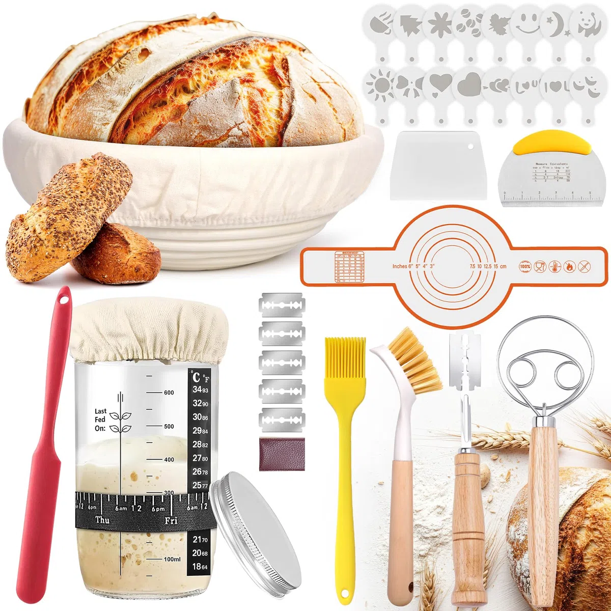 Cestino da Lievitazione, Cestini Pane Rotondo 25cm, Fermentatore per Pane 700ml, Completo Accessori per la Cottura del Panes, Cestino Pane per Panettieri Domestici e Professionisti