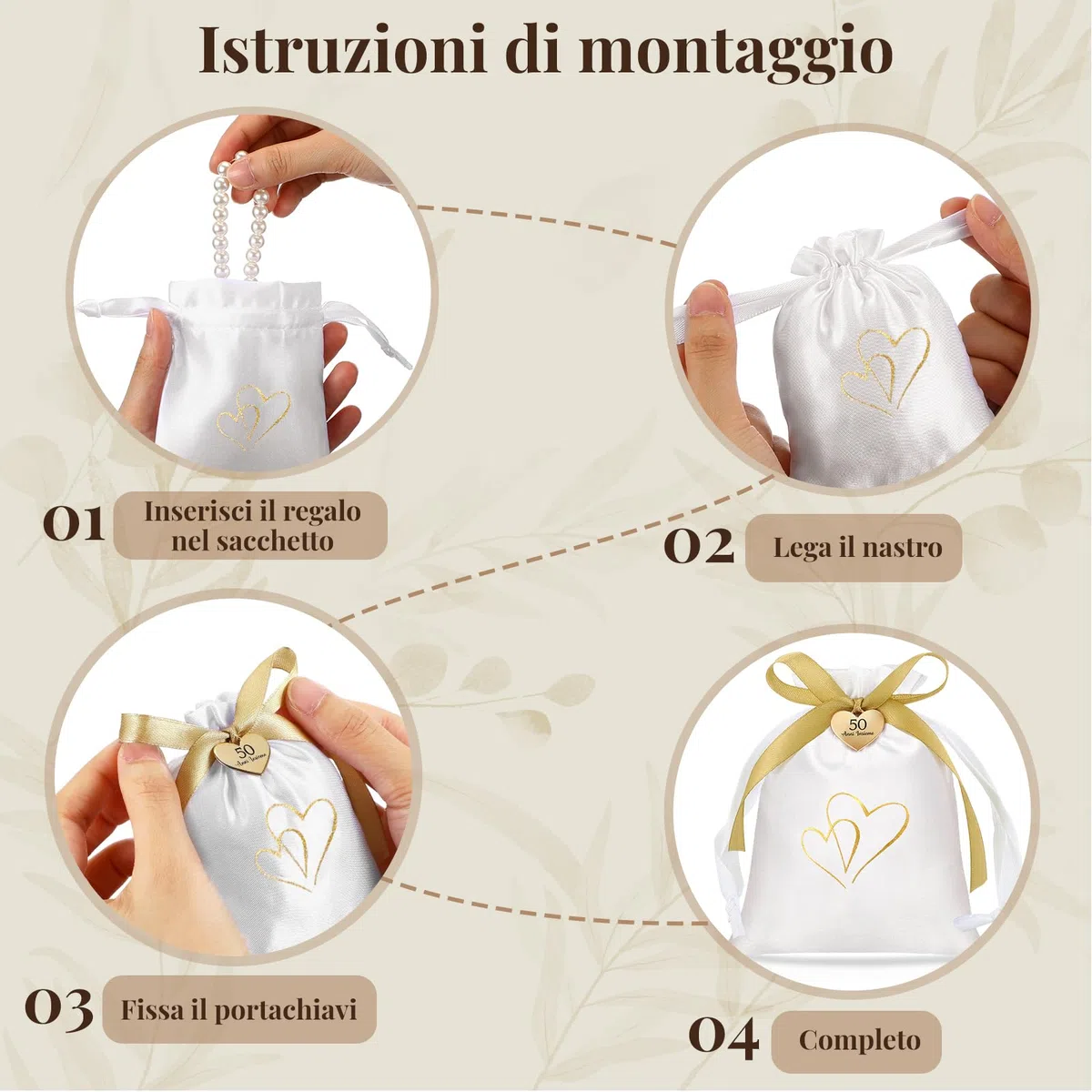 Otuuz 25 Set Bomboniere Matrimonio Sacchetti Bomboniere Sacchetti Regalo in Raso con Coulisse 50 Anni Insieme Ciondolo a Forma di Cuore in Oro e Nastro Regali per l'Anniversario Festa di Nozze