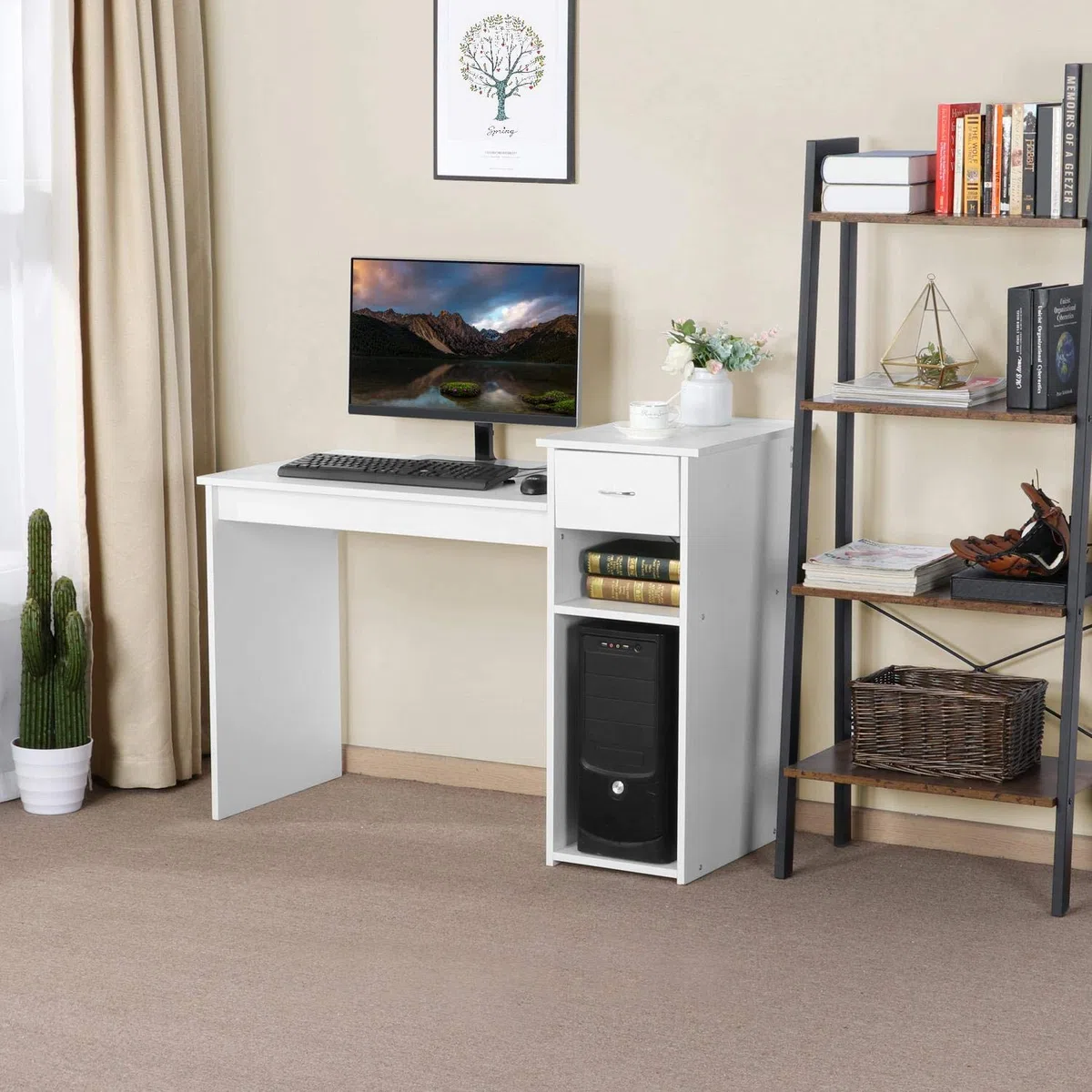 Yaheetech Scrivania per Computer Tavolo Porta PC Moderna con Cassetto con Mensola Ripiano 112 x 50 x 82 cm Postazioni di Lavoro da Ufficio Studio