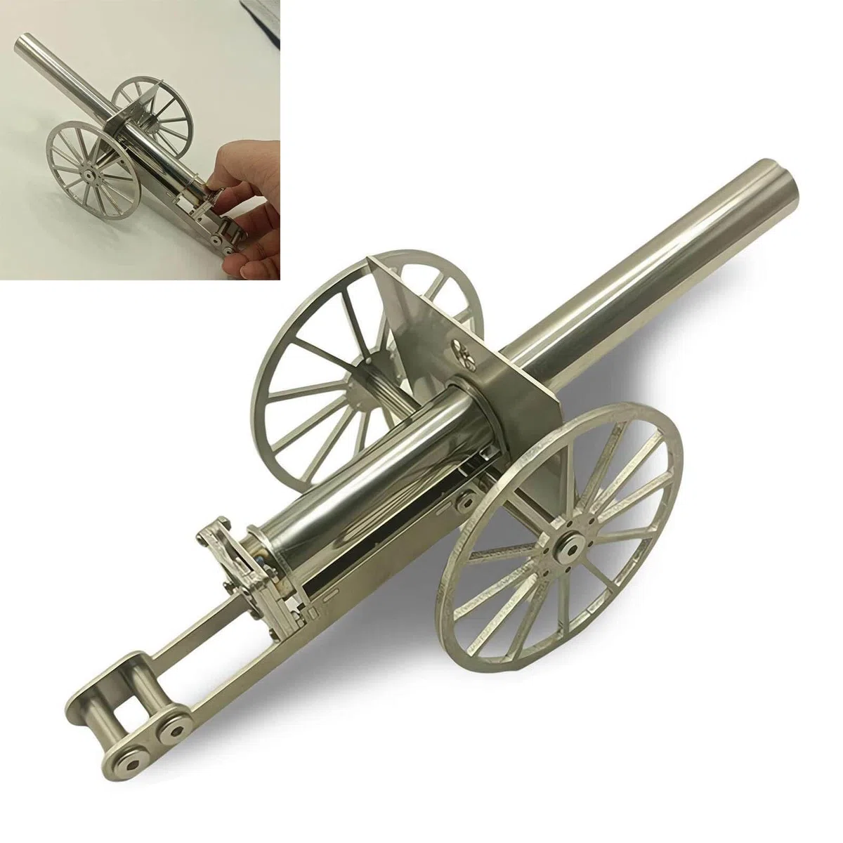Mini cannone di artiglieria in acciaio inox con 2 ruote - Decorazione per ufficio per fan militari